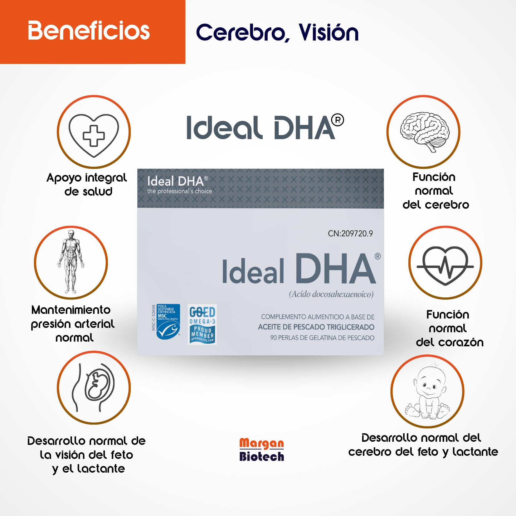 Ideal DHA® de Margan Biotech, 90n cápsulas blandas pequeñas | Ácidos Grasos Omega 3 Triglicerados | 300 mg de DHA y 150 mg de EPA por cápsula | Suplemento Omega 3 certificado con Mínimo TOTOX