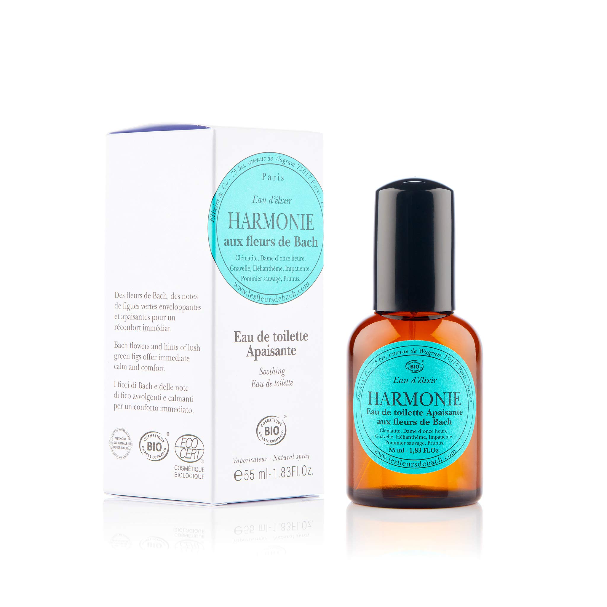 Elixirs & Co - Woda toaletowa z kwiatami Bach - Wellness - 100% Naturell - Wegańska - Organiczna - Wyprodukowano we Francji - Harmonia - Kojąca woda toaletowa - 55ml