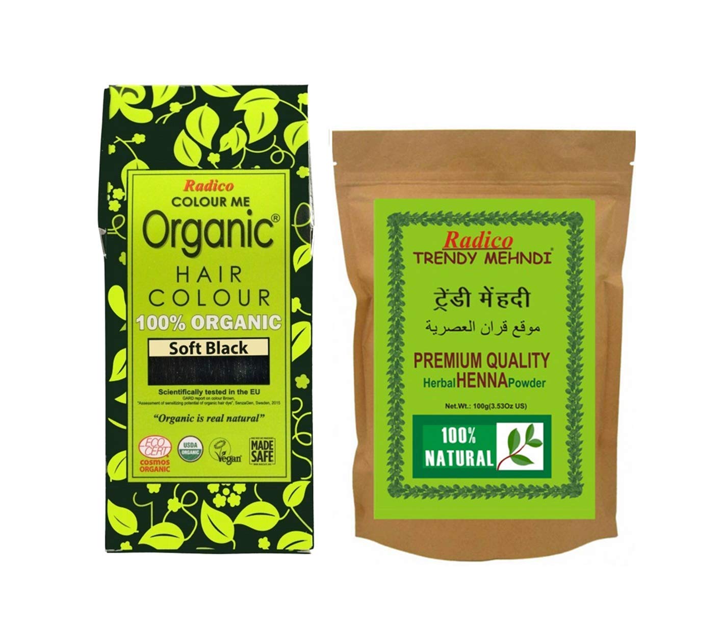 Radico 100% Natural Herbal Trendy Mehndi with 100% Organic Soft Black Hair color (combo pack), 100g