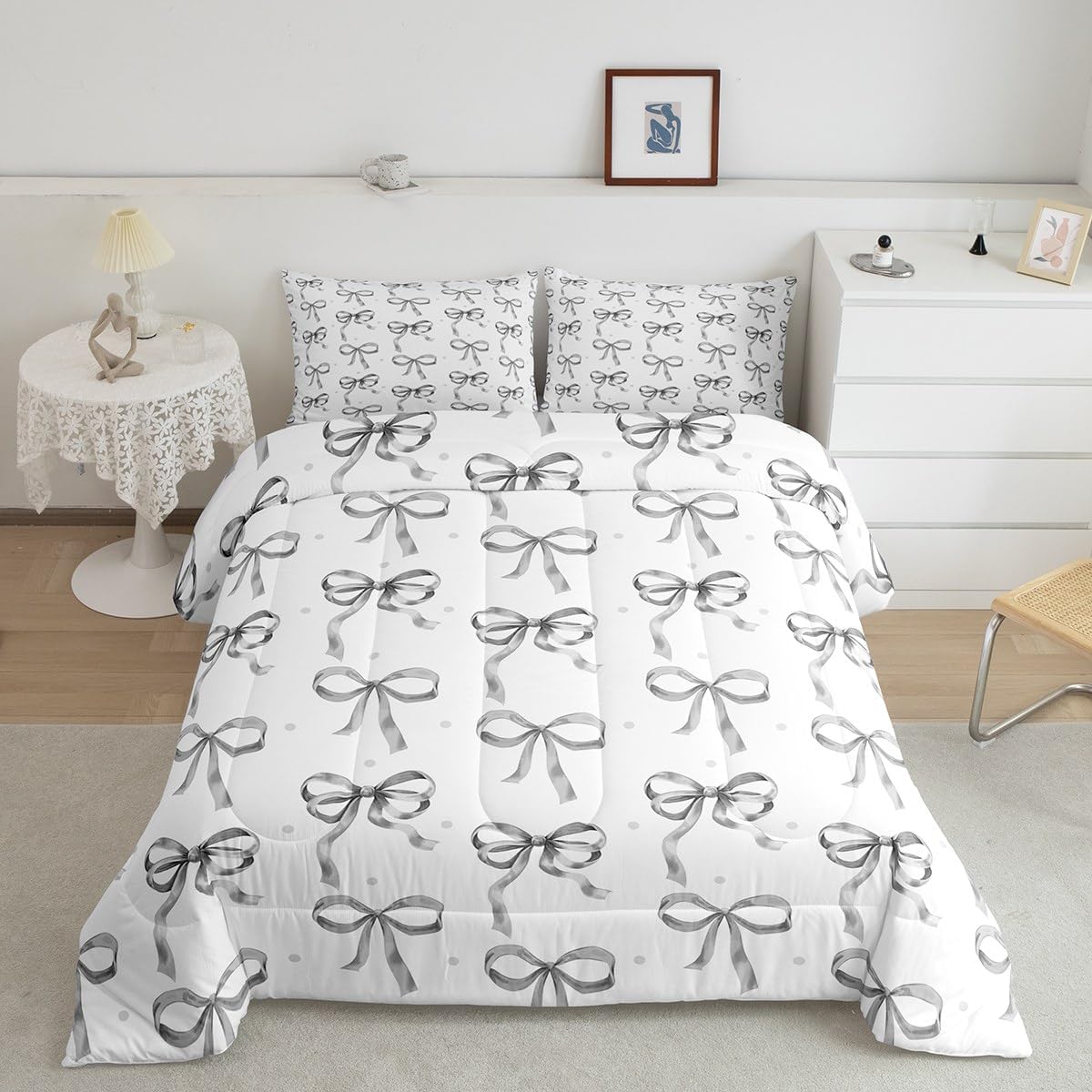 Feelyou Grey Bowknot Bedding Set Queen Size Watercolor Bow Comforter Set for Kids Coquette Bows Comforter Women Men Teens Ultra Soft Decor Bow Duvet Set