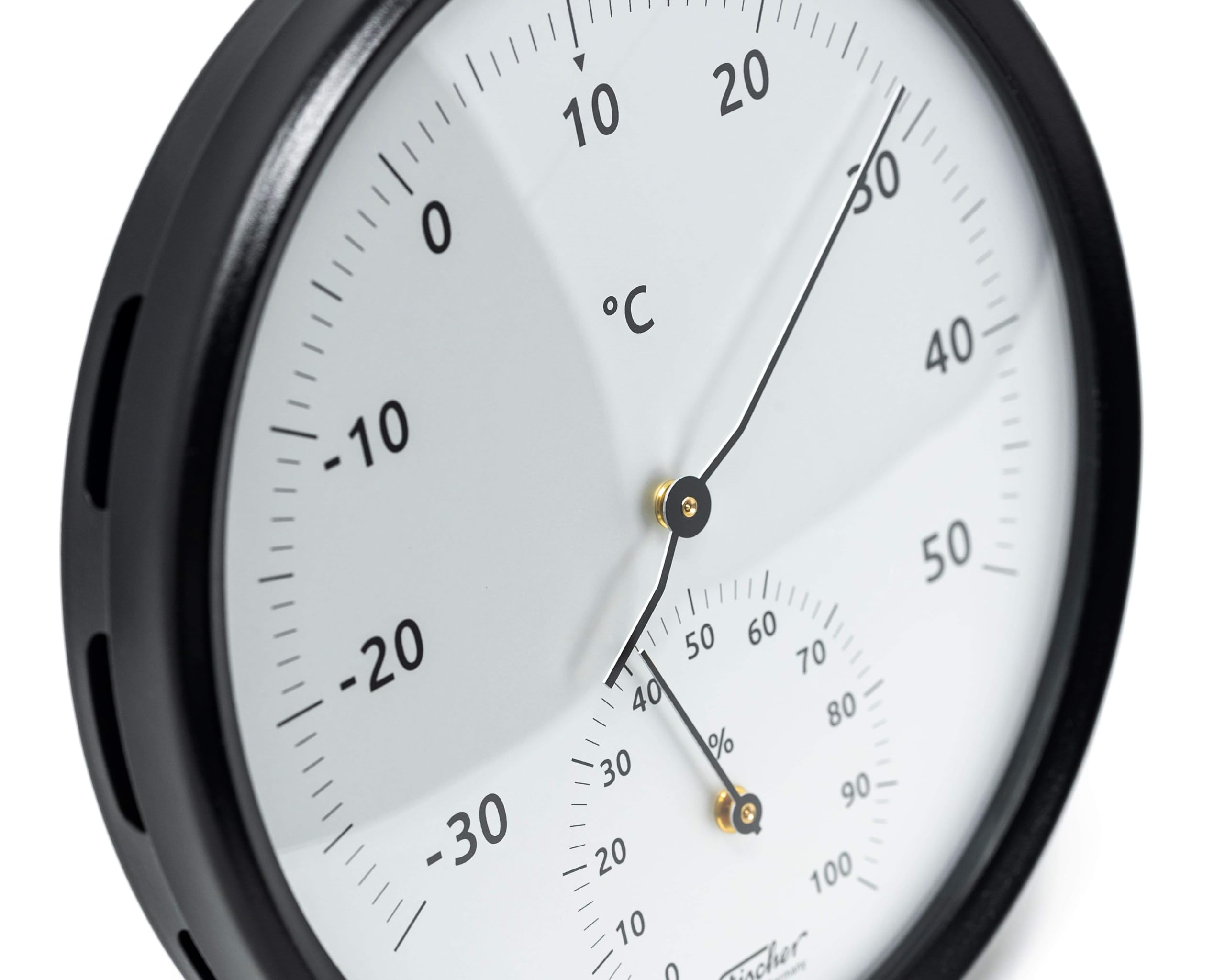 Fischer 186TH-06, termoigrometro, acciaio inox, nero, prodotto in Germania | Termometro e igrometro bimetallico, intervallo di misurazione 0-100% r. F., precisione ± 5% r F, 160 mm di diametro