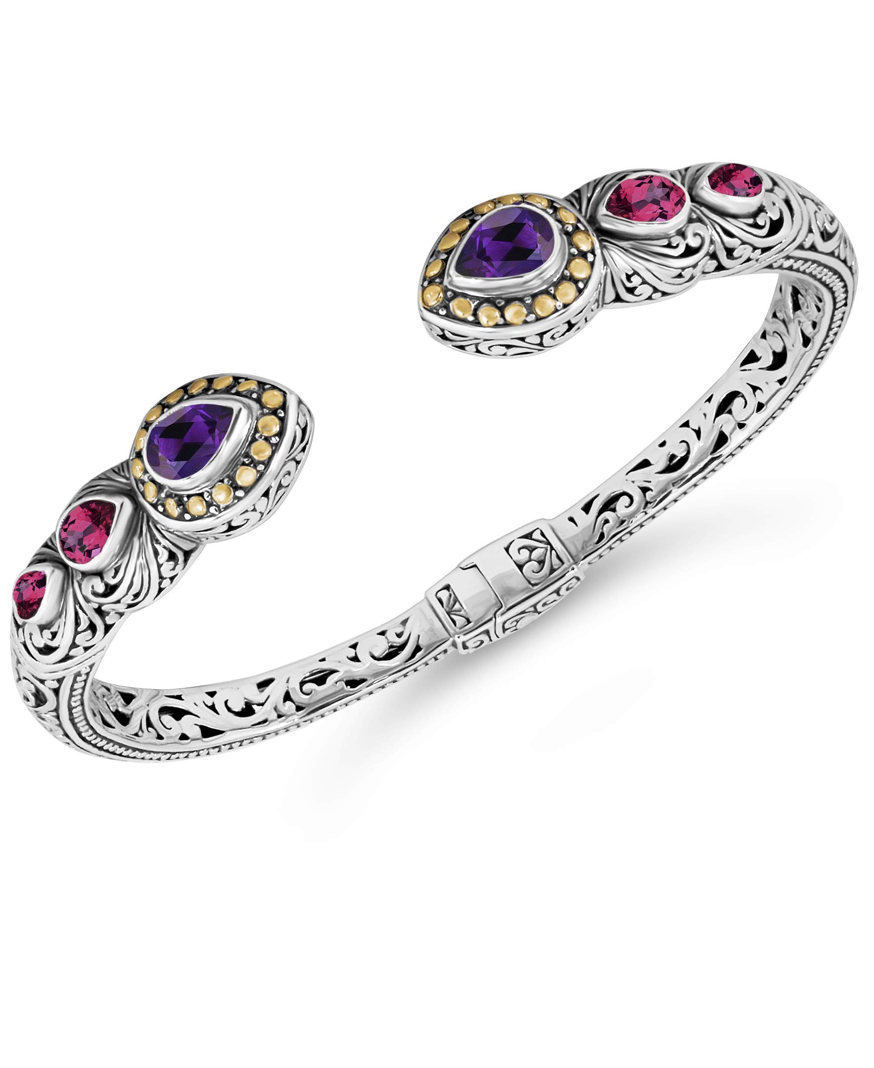 DEVATA Sterling Silver 925 and 18K Gold with Gemstones Bali Filigree Cuff Bracelet