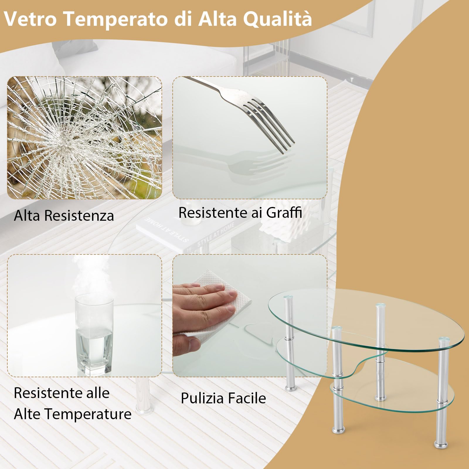 COSTWAY Tavolino da Salotto in Vetro Temperato Moderno, Tavolo Basso e Ovale con Piano Spazioso e 3 Livelli, Ideale per Soggiorno e Ufficio, 89 x 49 x 45 cm (Trasparente)