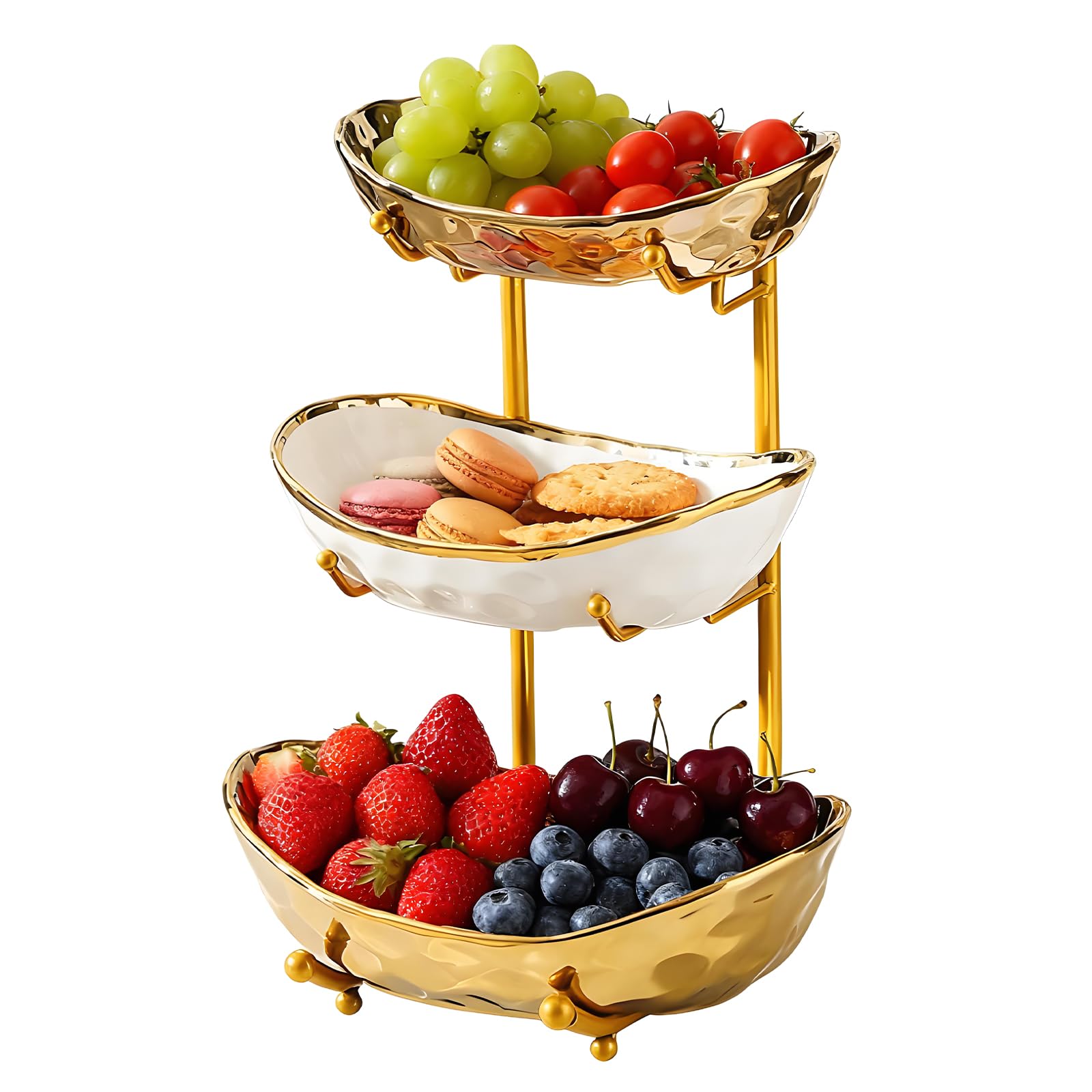 Gets 3 Tier Ceramic Fruit Bowl for Kitchen Counter - Tiered Fruit Stand with Metal Stand, Serving Tray for Snacks Nuts Cakes Desserts Bread Candy, Decorative Storage for Party Wedding Home-Gold