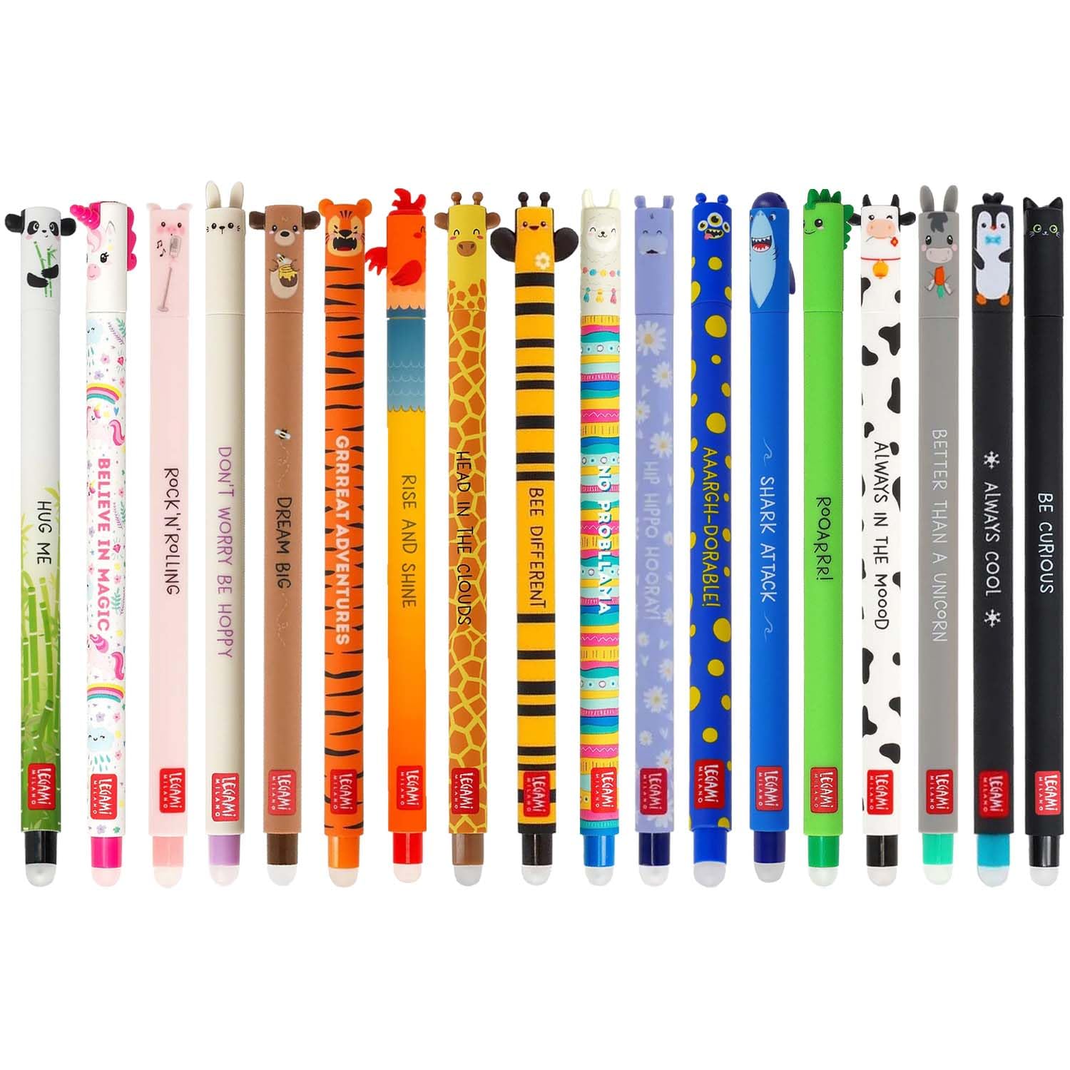 LEGAMI - Juego de 18 bolígrafos de gel borrables, tinta termosensible, variedad de colores y diseños de animales