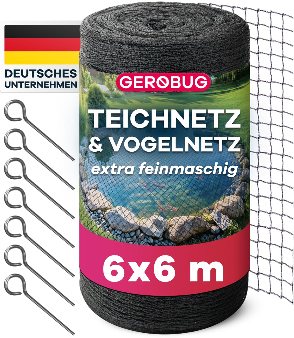 GEROBUG Teichnetz feinmaschig 6x6m - witterungs- & UV beständiges Teichnetz gegen Reiher - Vogelschutznetz, Laubnetz Teich, Hühner Netz feinmaschig, Vogelnetz, Laubschutznetz
