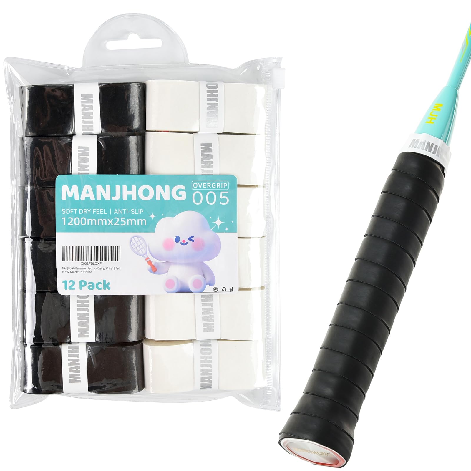 MANJHONG Badminton Racket Grip Tape (Pack of 6/12) - Soft & Anti Slip PU Overgrip for Squash Padel Tennis Racquet, 6 Black+6 White