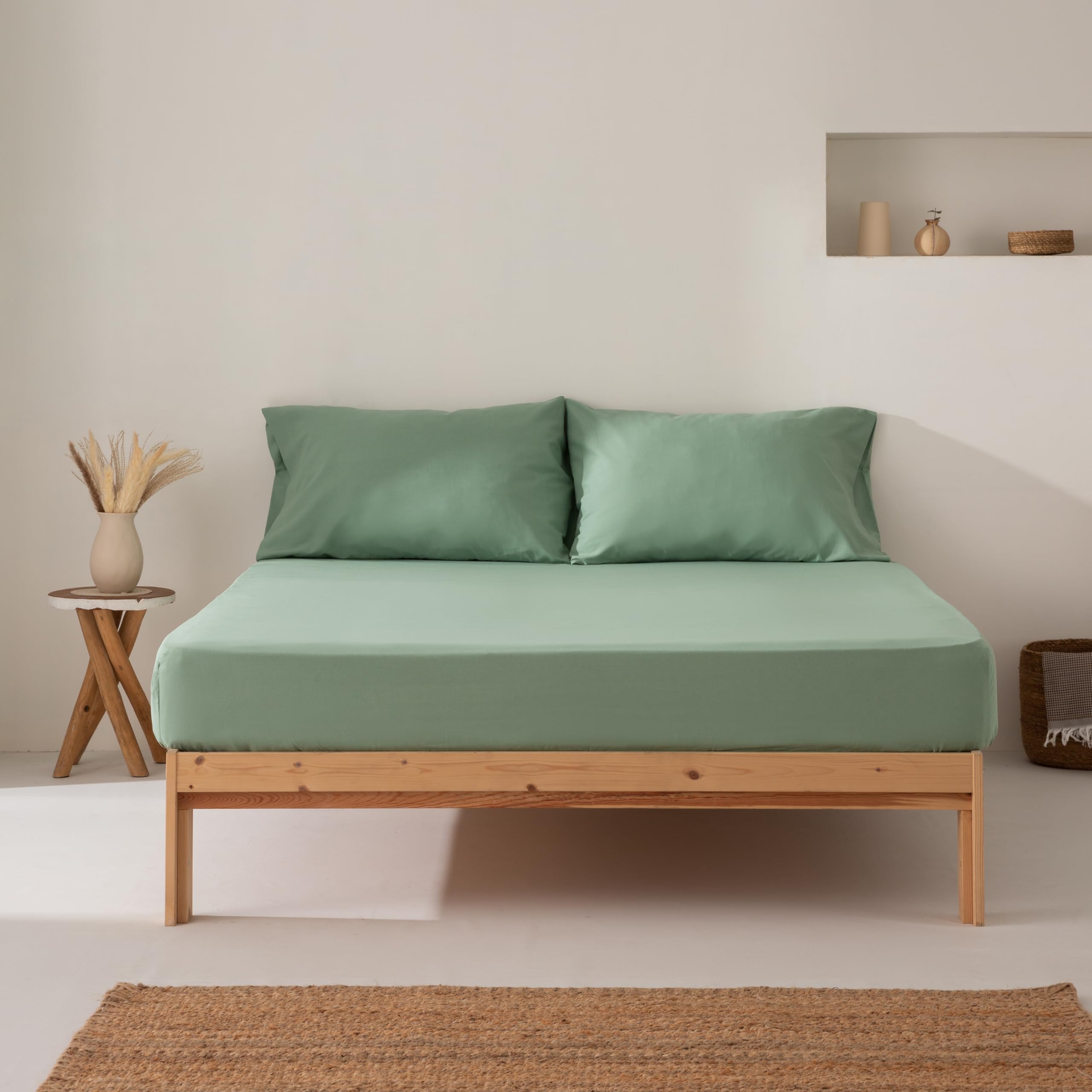 Fitted Bed Sheet 100 x 200 x 30 cm, 100% Cotton, Breathable, Adjustable, Aqua Colour, Green, 100 x 190 / 200 cm - Image 2
