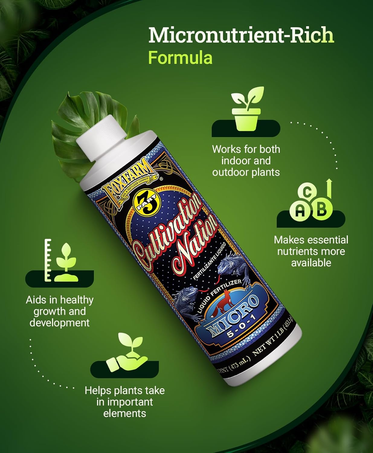 FoxFarm Cultivation Nation Micro Liquid Fertilizer - Micronutrients for Strong Plant Development, Ideal for Soil, Hydroponics & Aeroponics - Part 2 of 3-Part Feeding Program- NPK 5-0-1 (Pint) - Image 2