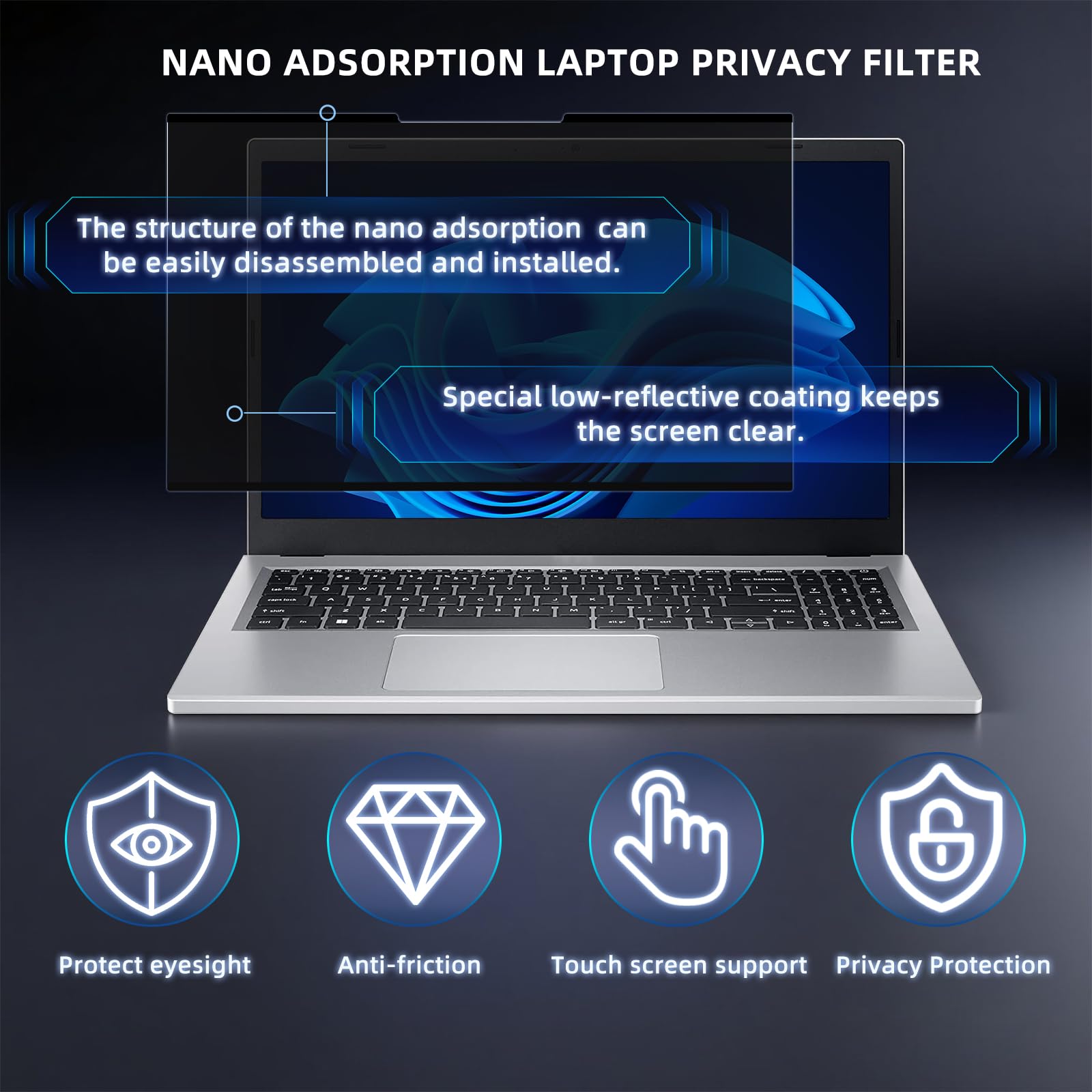 Nano-Adsorption Confidentialité Filtre pour 16" Portable 16:10, Filtre Protecteur d'écran, Amovible Anti-Lumière Bleu Protection Ecran PC Compatible avec Les écrans tactiles