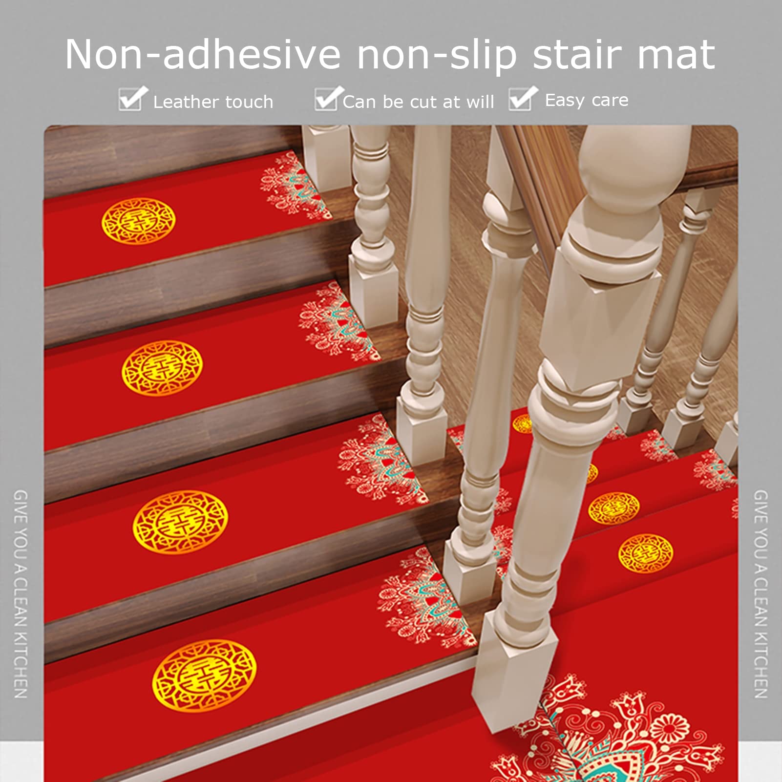 10 Stück Treppenstufenmatten, Chinesische Doppeltes Glück rutschfeste Stufenmatten, Home Stair Klebefrei Selbstklebende PVC Leder Rechteckige Treppenstufenmatte,C,26 * 75cm