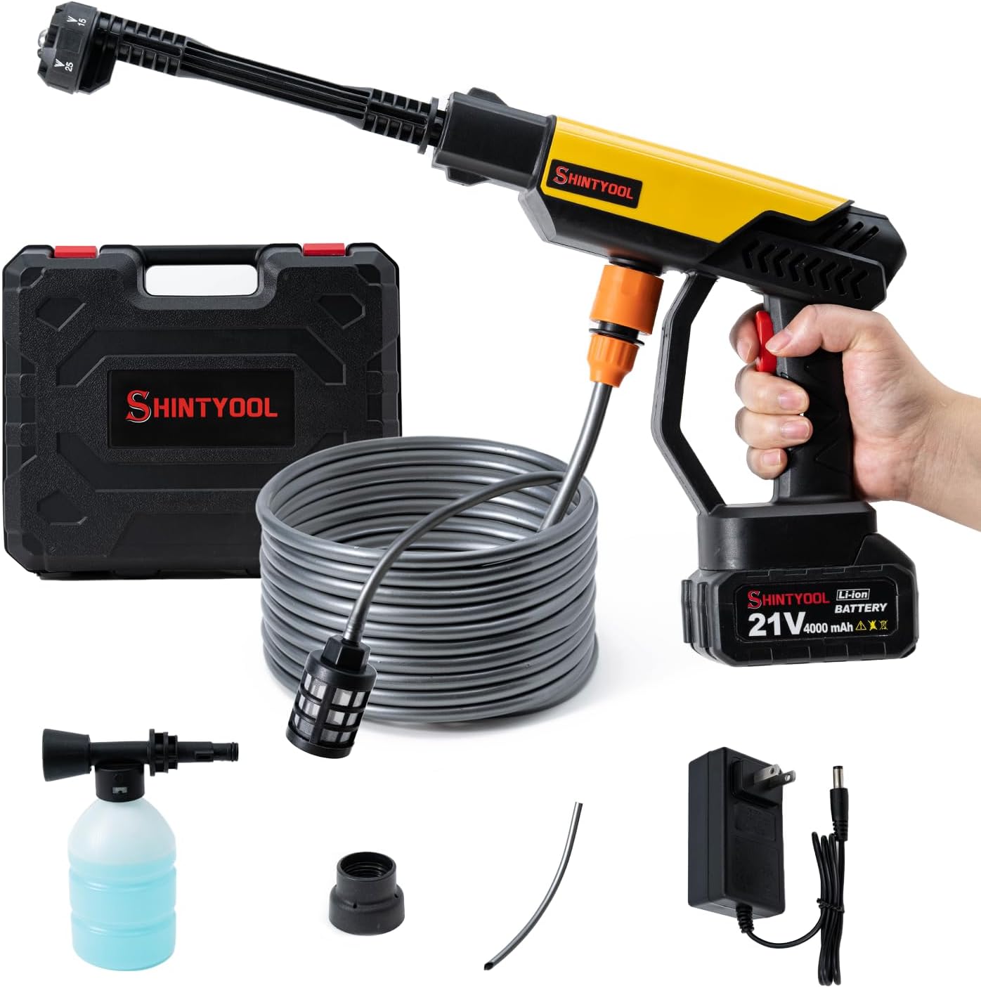 21V Cordless Power Washer, 4.0 Ah Battery Small Power Washer,600-Psi,6-in-1 Nozzle with Corner Cleaning,Bottle Portable Washer for Car,Home Cleaning & Garden Watering by SHINTYOOL (Yellow)