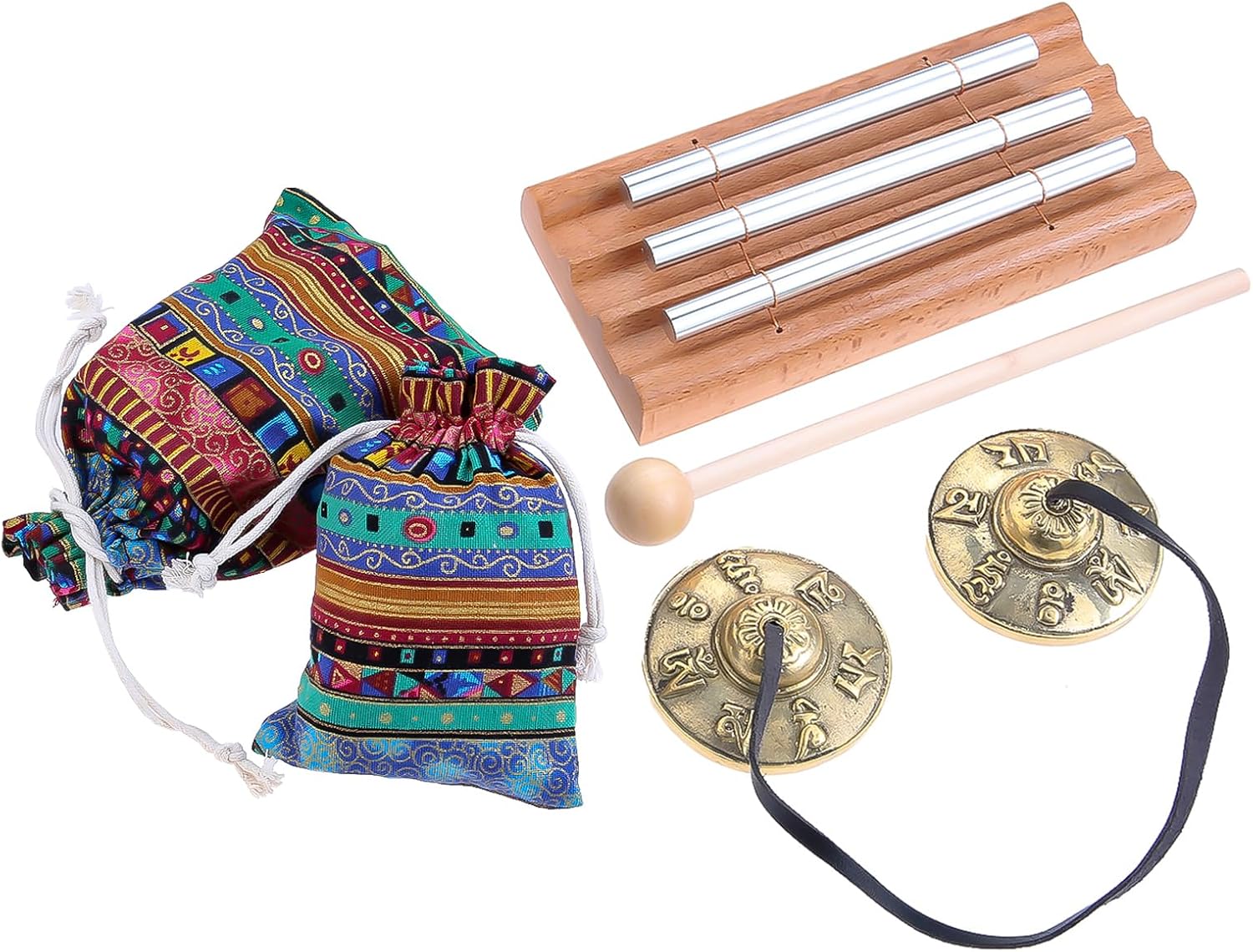 Meditation Instruments Set - Includes Tibetan Tingsha Cymbals, Three-Tone Chime Bell with Mallet, 2 Tibetan Drawstring Bags, Perfect for Classroom Management, Yoga, Prayer