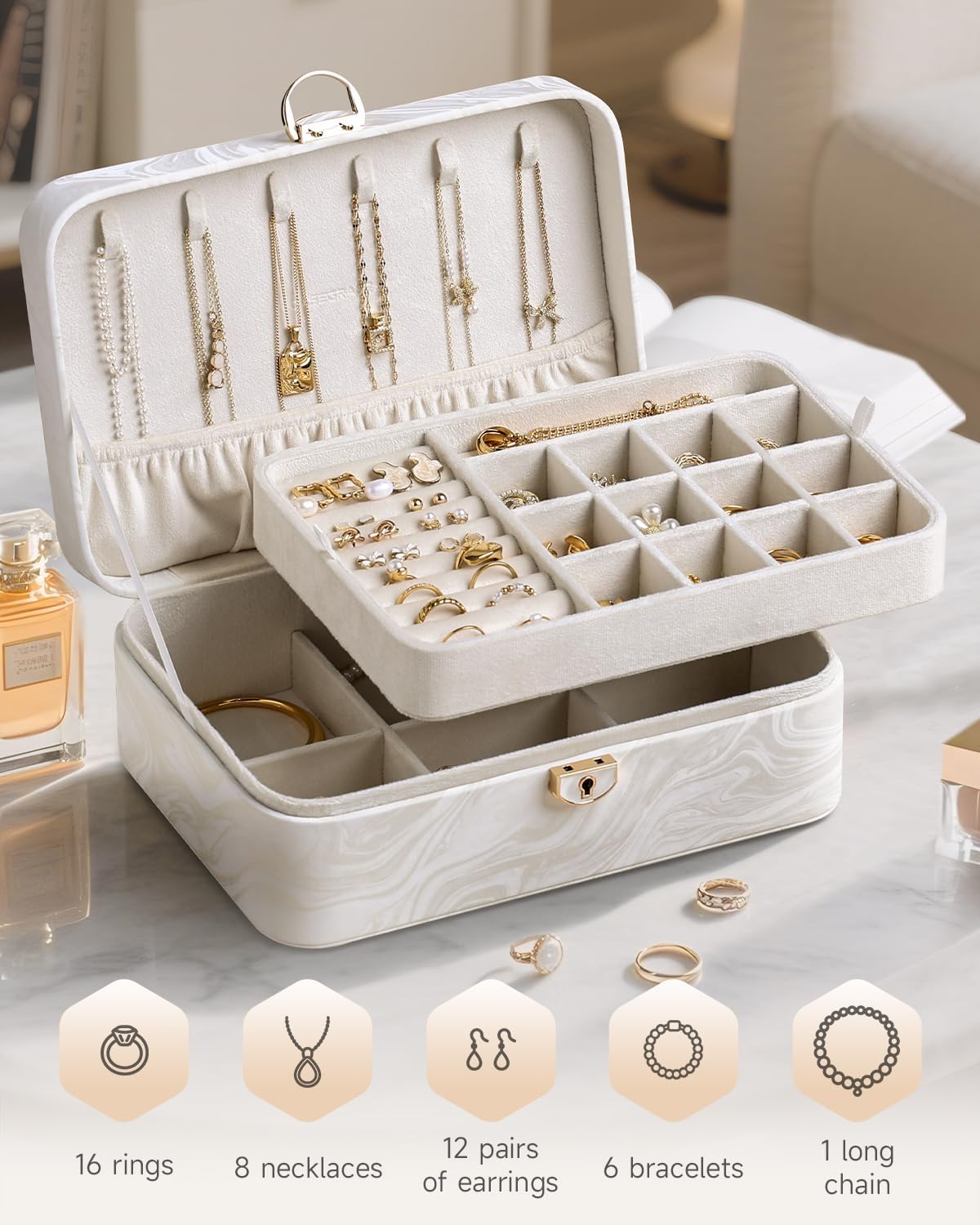CASEGRACE 2-Layer Jewelry Box with Removable Tray, Portable Jewelry Organizer for Earrings Necklaces Rings, Gift for Women Girls on Birthday Valentine's Day (Fluorescent white)