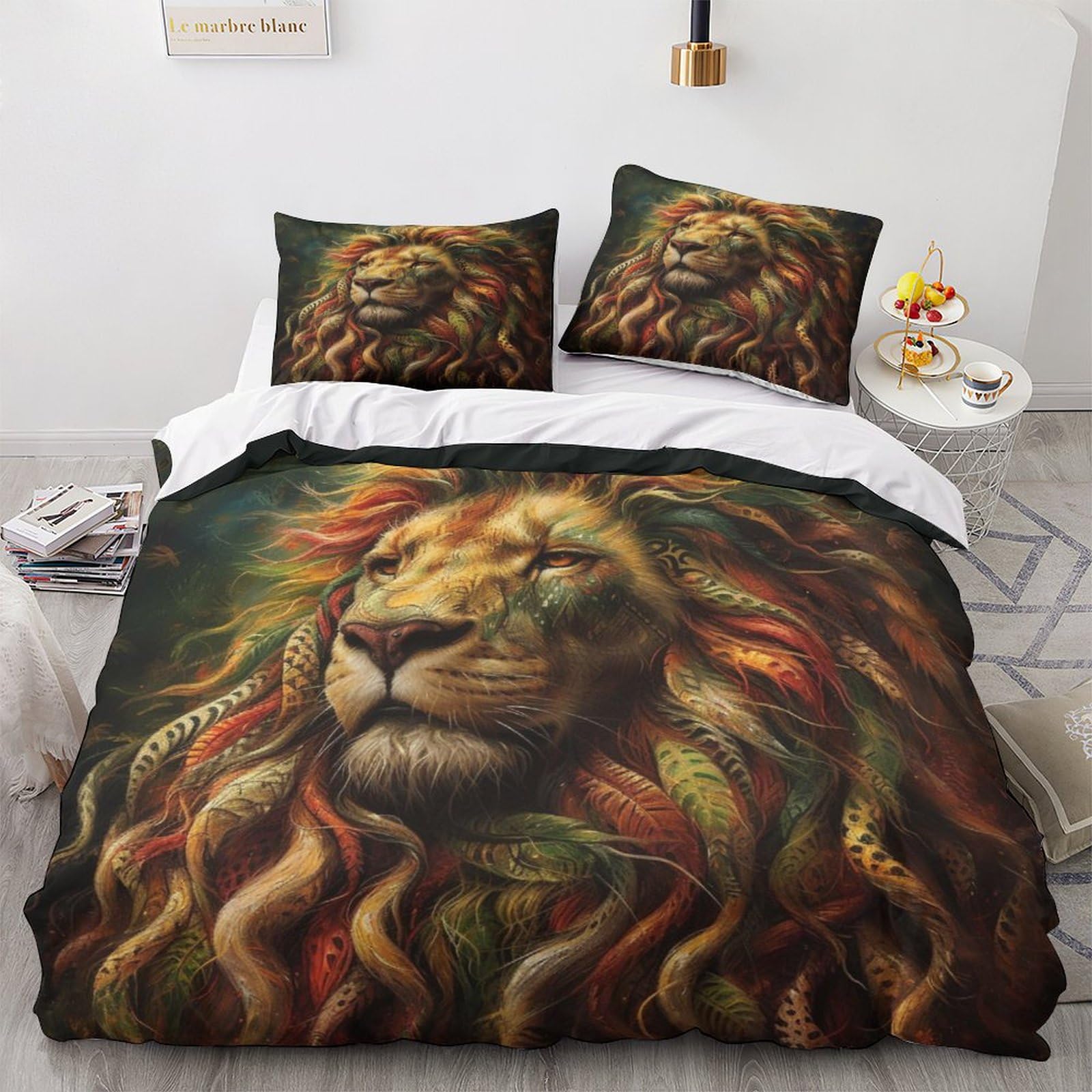 Rastafarian Lion 3D Printed Quilt Cover 3 Pieces Bedding Soft Easy Care with Zipper Closure，Pillowcases for Teens And Adults King（220x240cm）