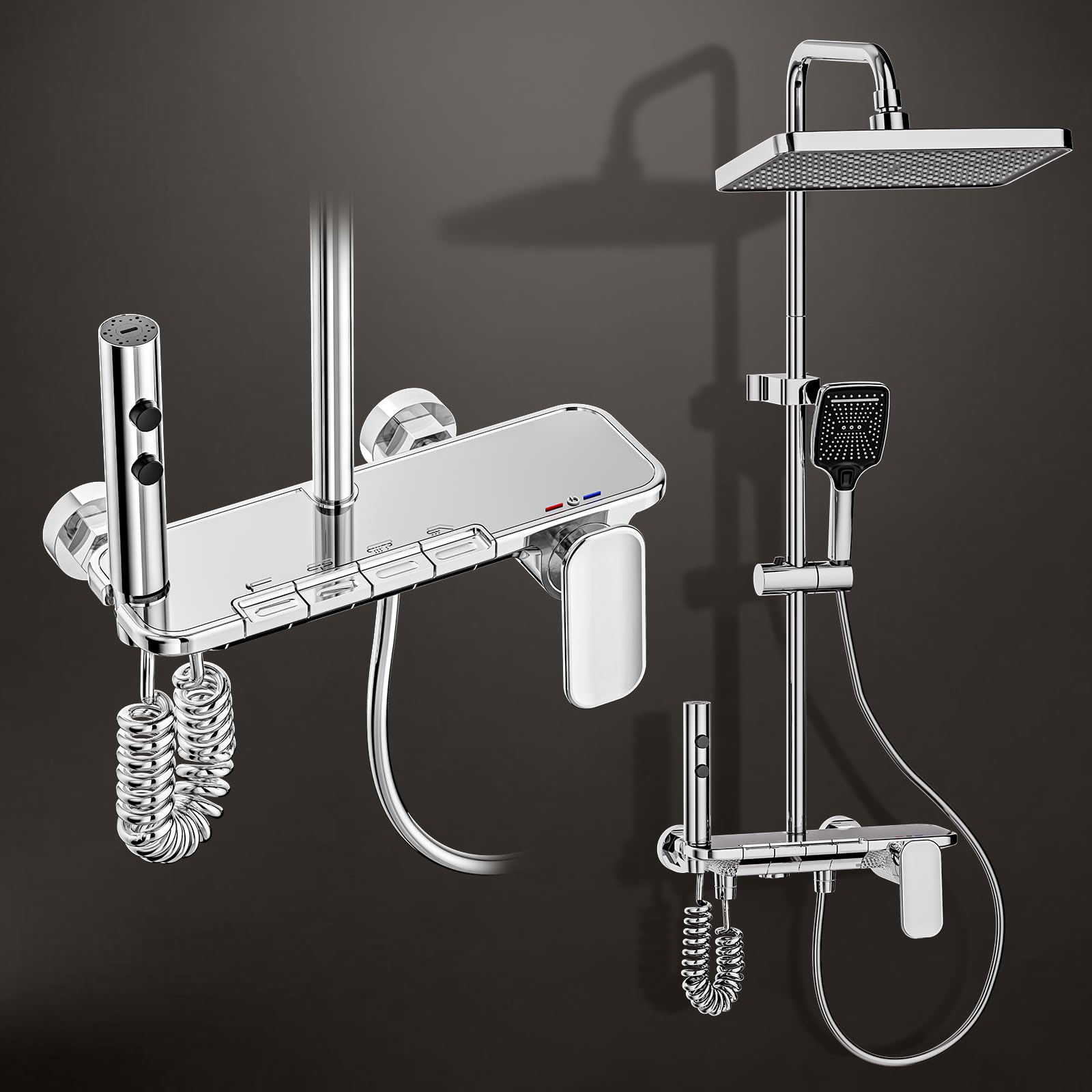 Columna de Ducha 4 en 1 Cromado, Duchas de Baño con Botones de Piano, Cabezal Cuadrado 31x20cm Efecto Lluvia, Latón y Acero Inox