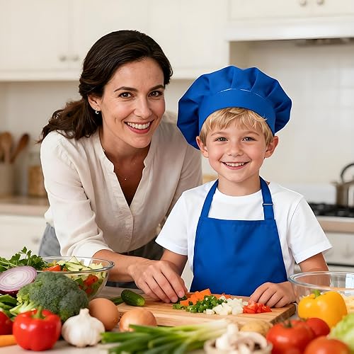 Miniatura 6 de Juego de delantal y gorro de chef para niños, delantal ajustable con babero para niños con 2 bolsillos. Lindo delantal de cocina para niños y niñas
