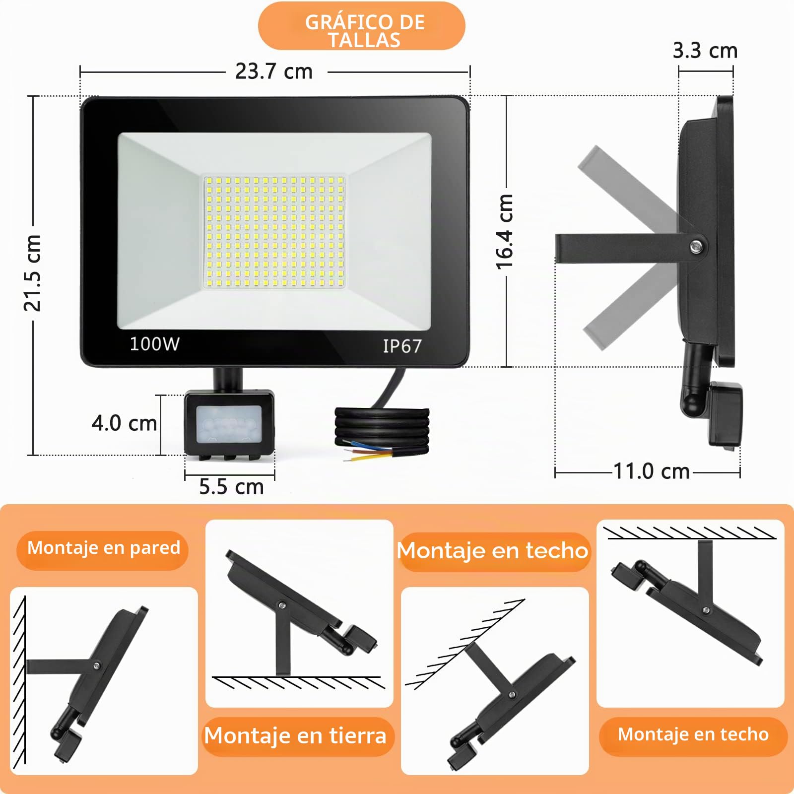 YIQIBRO Foco LED con Sensor de Movimiento 100W 2 Piezas, 10000LM 6500K Luz con Sensor de Movimiento, IP67 Impermeable Focos Exterior, Luces LED para Jardin Terraza Garaje Entrada