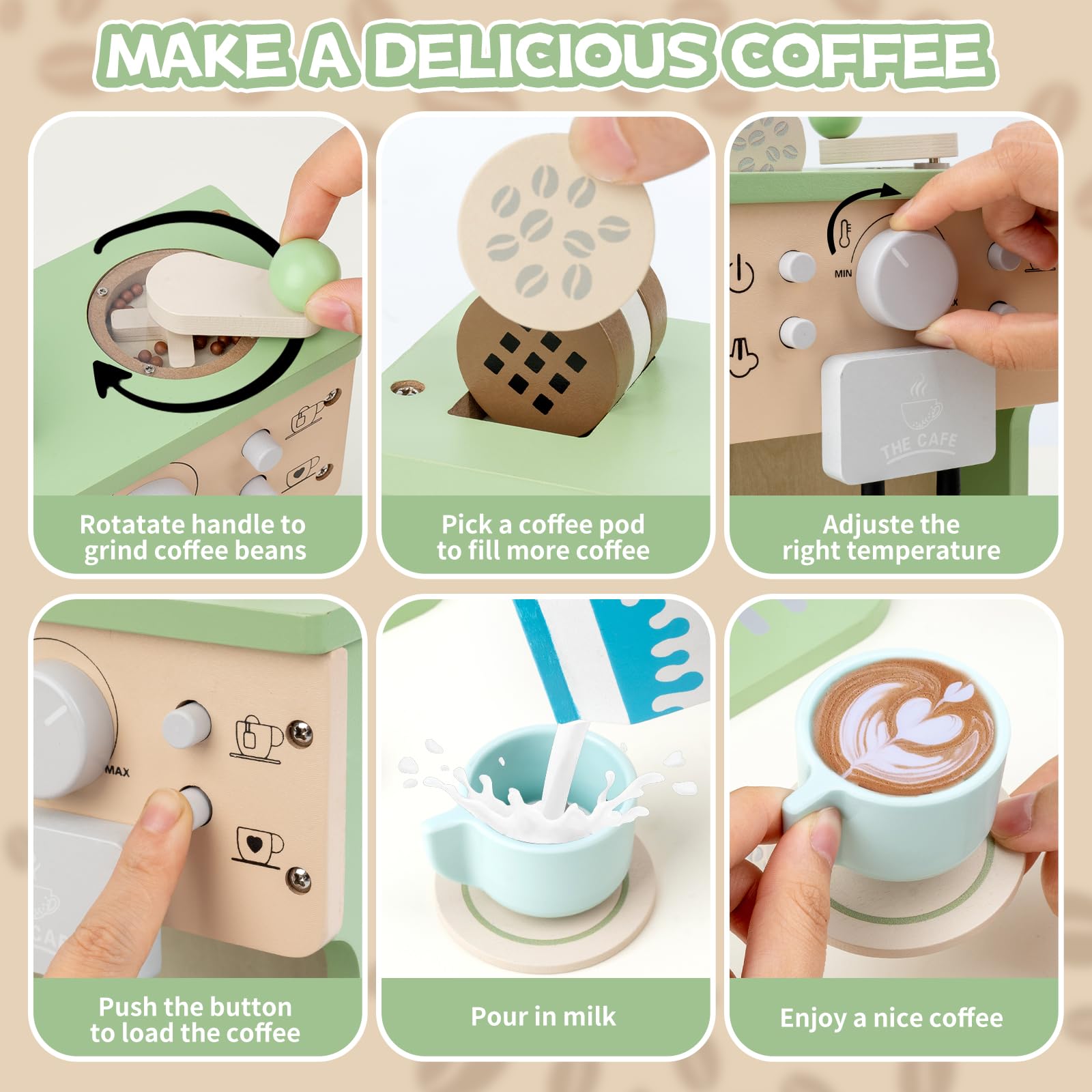 Machine à Café Jouet en Bois avec Son pour Enfant, Jeu de Rôle Cuisine Montessori et Éducatif, 3+ Ans 10 Pièces