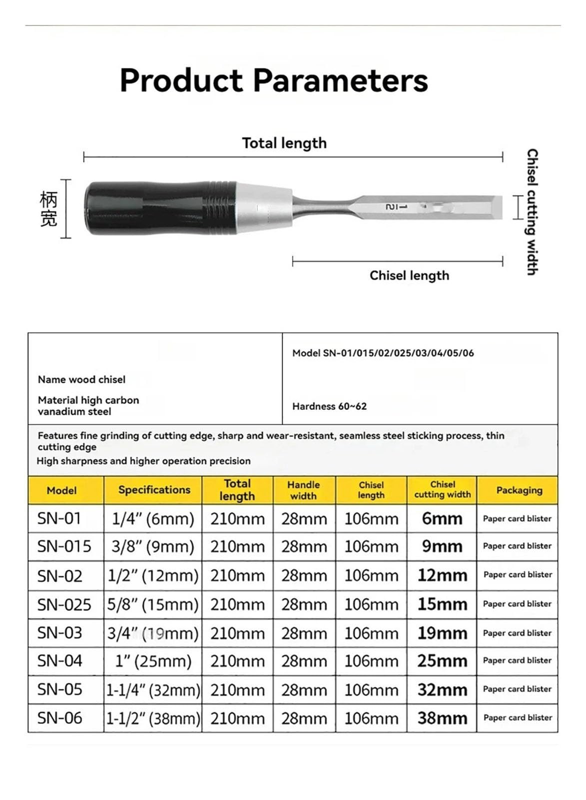 1/8 szt. Zestaw dłut do drewna ze stali węglowo-wanadowej 60HRC narzędzia rzeźbienia dla stolarza obróbki DIY(25mm)