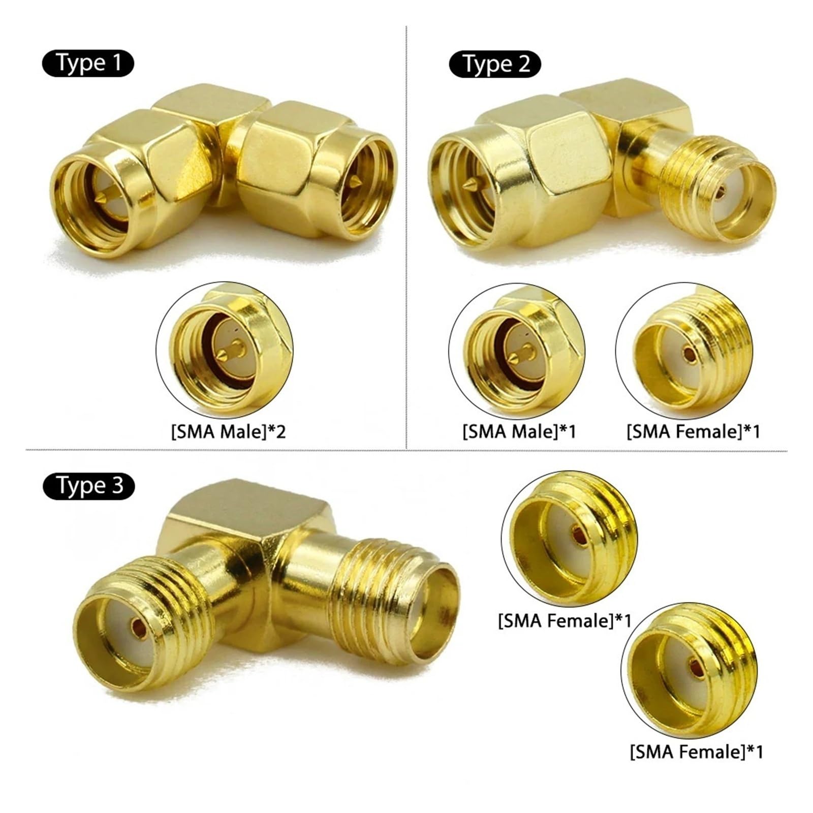 Adaptateur coaxial SMA mâle vers SMA mâle à angle droit de 90 degrés 50 Ohm pour antenne WiFi de drone FPV (type 1, 1 pièce)