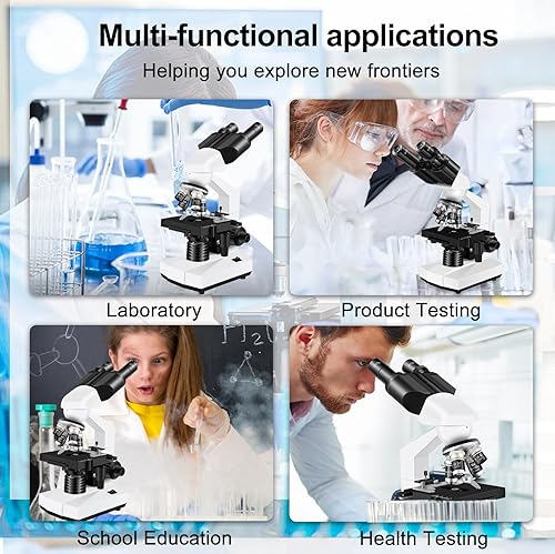 Miniatura 8 de Woehrsh Microscopio binocular compuesto, 40X-2000X, mesa de carga mecánica de doble capa y microscopio de iluminación LED para adultos, laboratorio