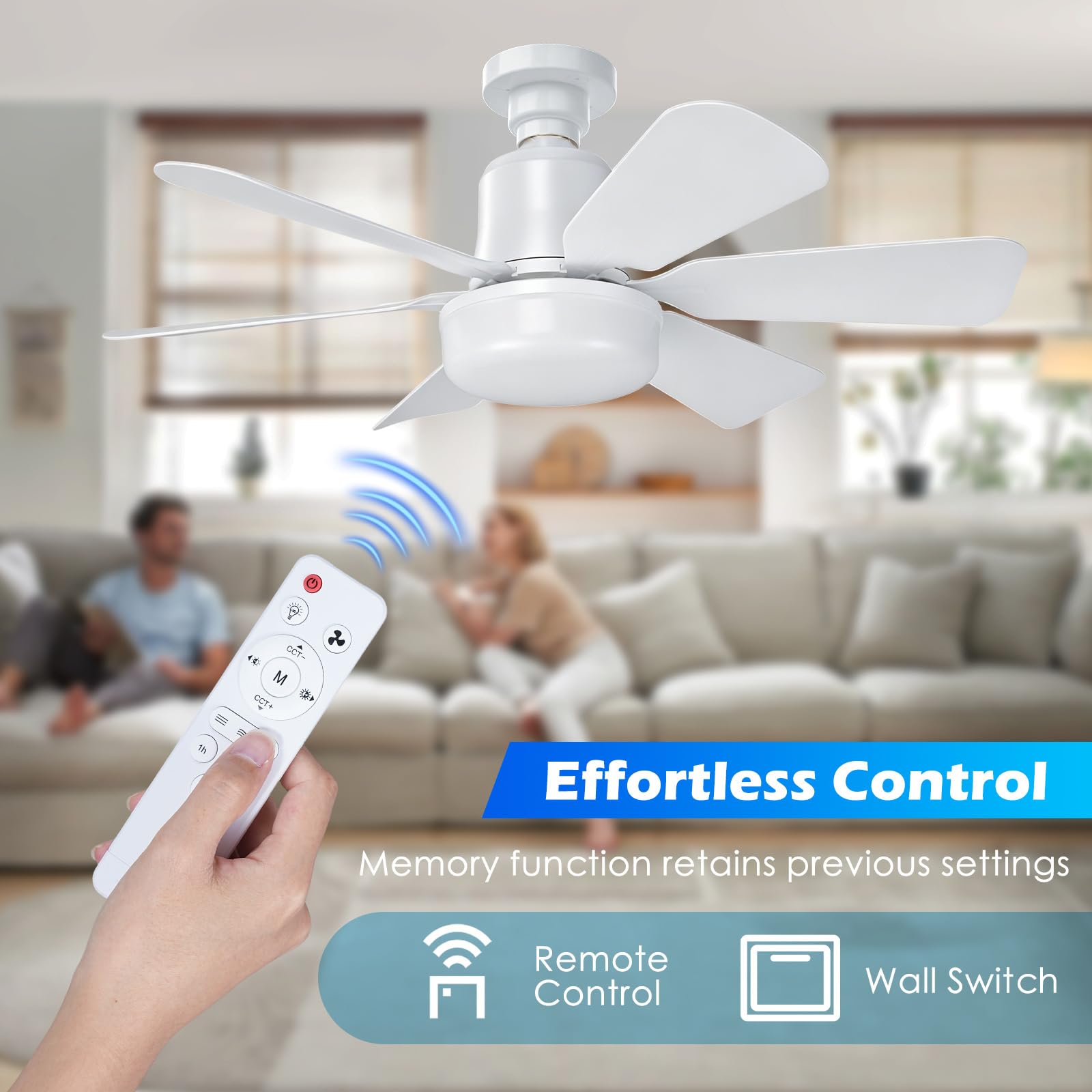 Ventilateur de Plafond avec Lumière, E27 Silencieux Ventilateur Plafond 52cm/20.5inch Dimmable avec LED Lampe Télécommande, Minuteur, 3 Vitesses, 6 Pales pour Chambre Salon Cuisine
