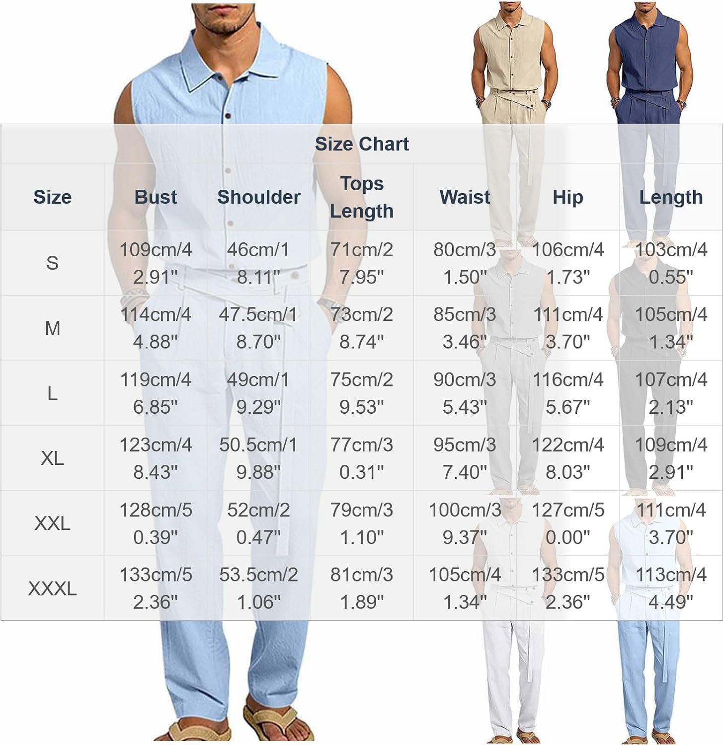 Cambkatl Men's Funky Straight Linen Pants with Sleeveless Button Down Shirt Sets Beach Travel Clothes with Pockets
