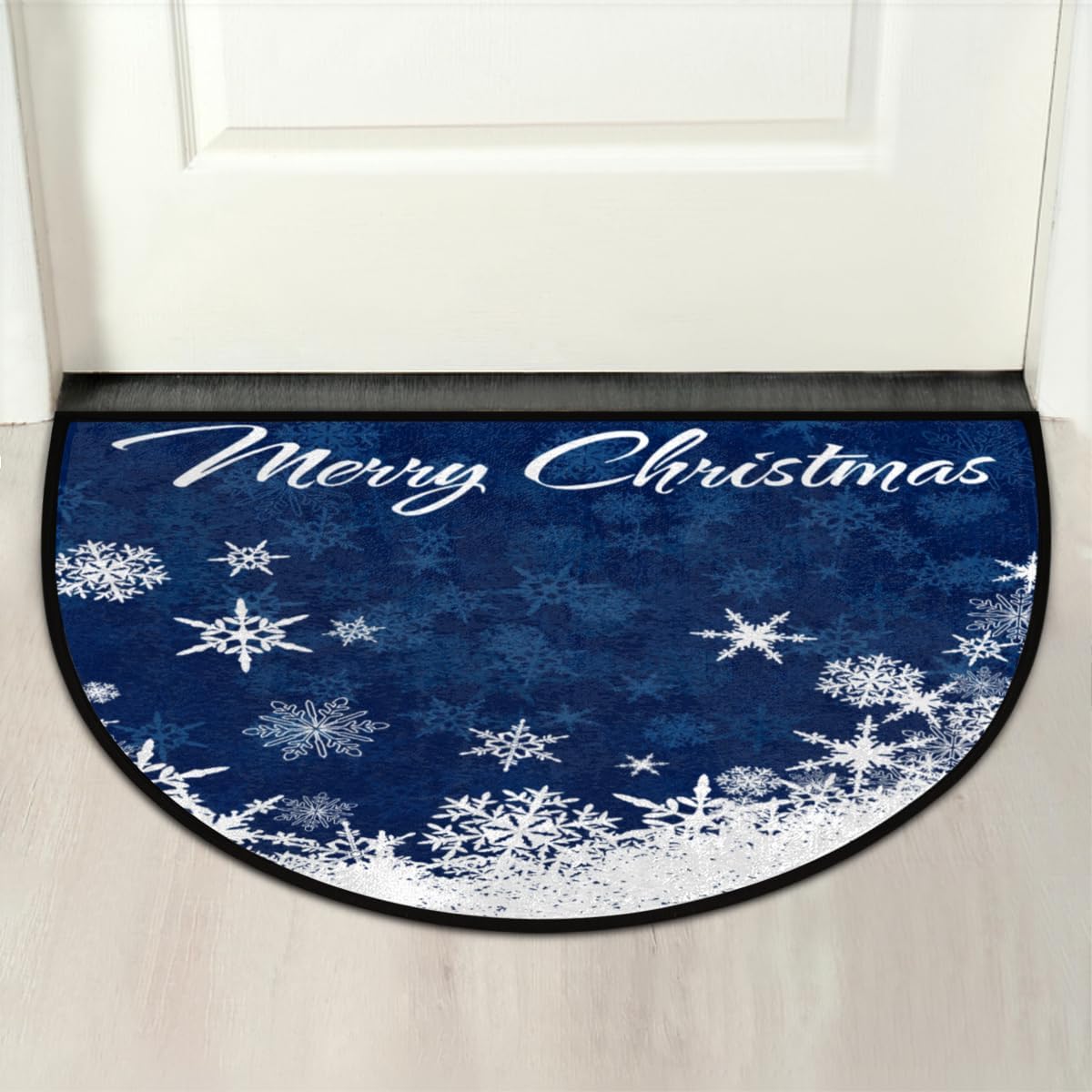 Christmas Xmas Blue Sonwflakes Half Round Doormat Washable Semi Circle Area Rug Non Slip Absorbent Half Moon Rug for Indoor Outdoor Bathroom Kitchen Living Room Fireplace Floor Mat