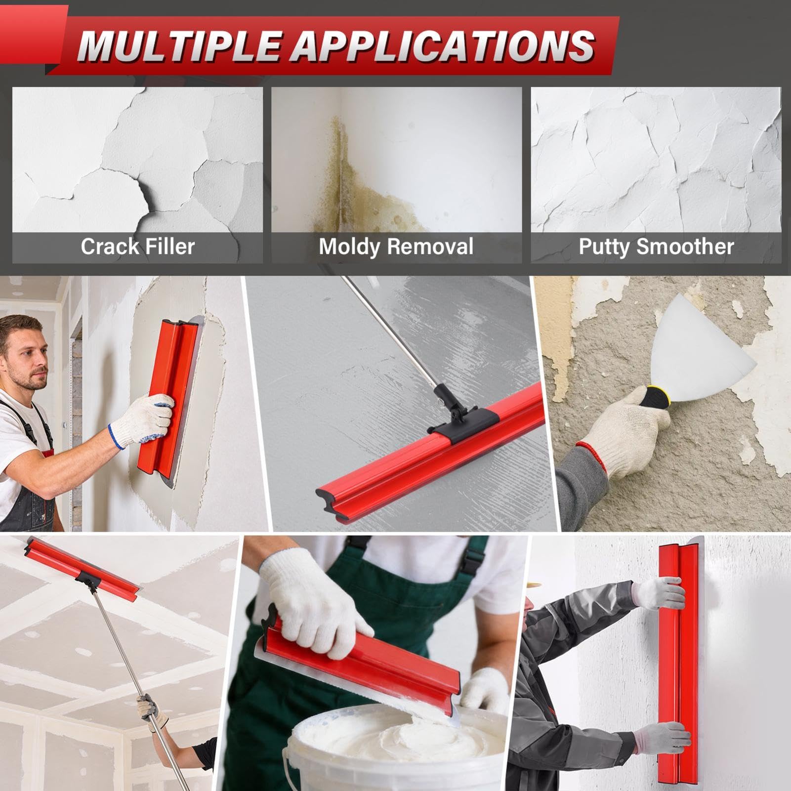 Flächenspachtel Set, (20,40,60,80,100cm) Spachtel Werkzeug Und 86cm-207cmTeleskopstange Mit Adapter, Multifunktionales Glättungsspatel-Kit Für Professionelle Trockenbaus, Verputzer(Rot)