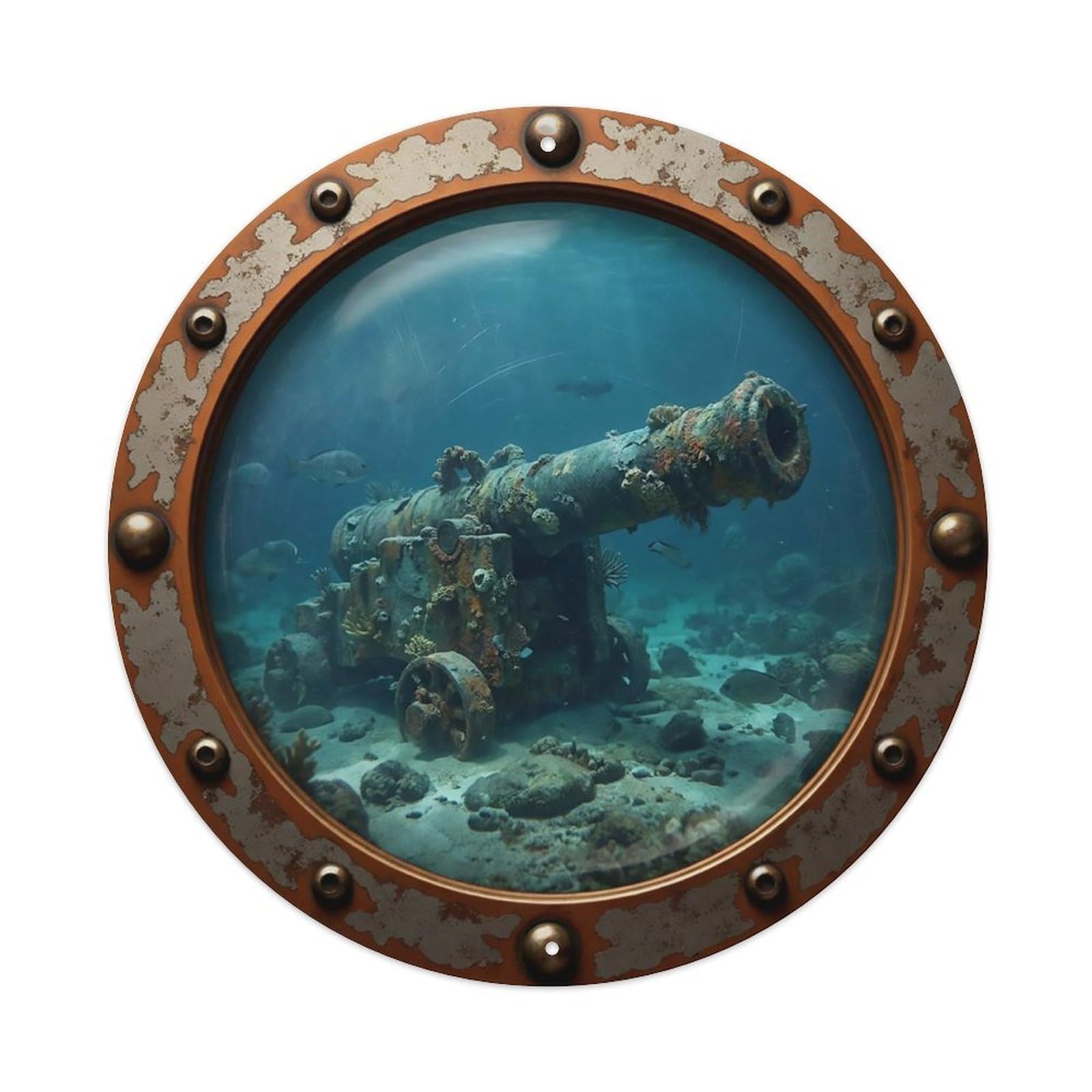 Odgynaw 8X8inch(20X20cm) Vintage Porthole Sunken Cannon Nautical Window View Metal Tin Sign