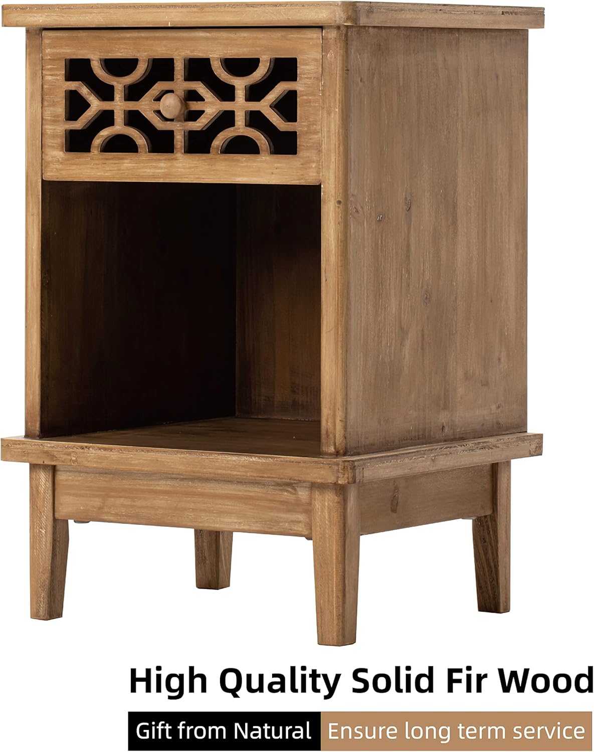 COZAYH Retro Rustic Nightstand Solid Fir End Table Side Table with Hand Carved Front and Open Shelf for Boho, French Country, Farmhouse Style, Natural