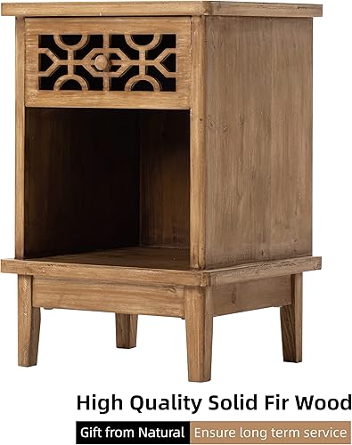 Miniatura 4 de LONYKE Mesita de noche rústica, mesa auxiliar de madera maciza, mesa auxiliar retro de granja con parte delantera tallada a mano y estante abierto,