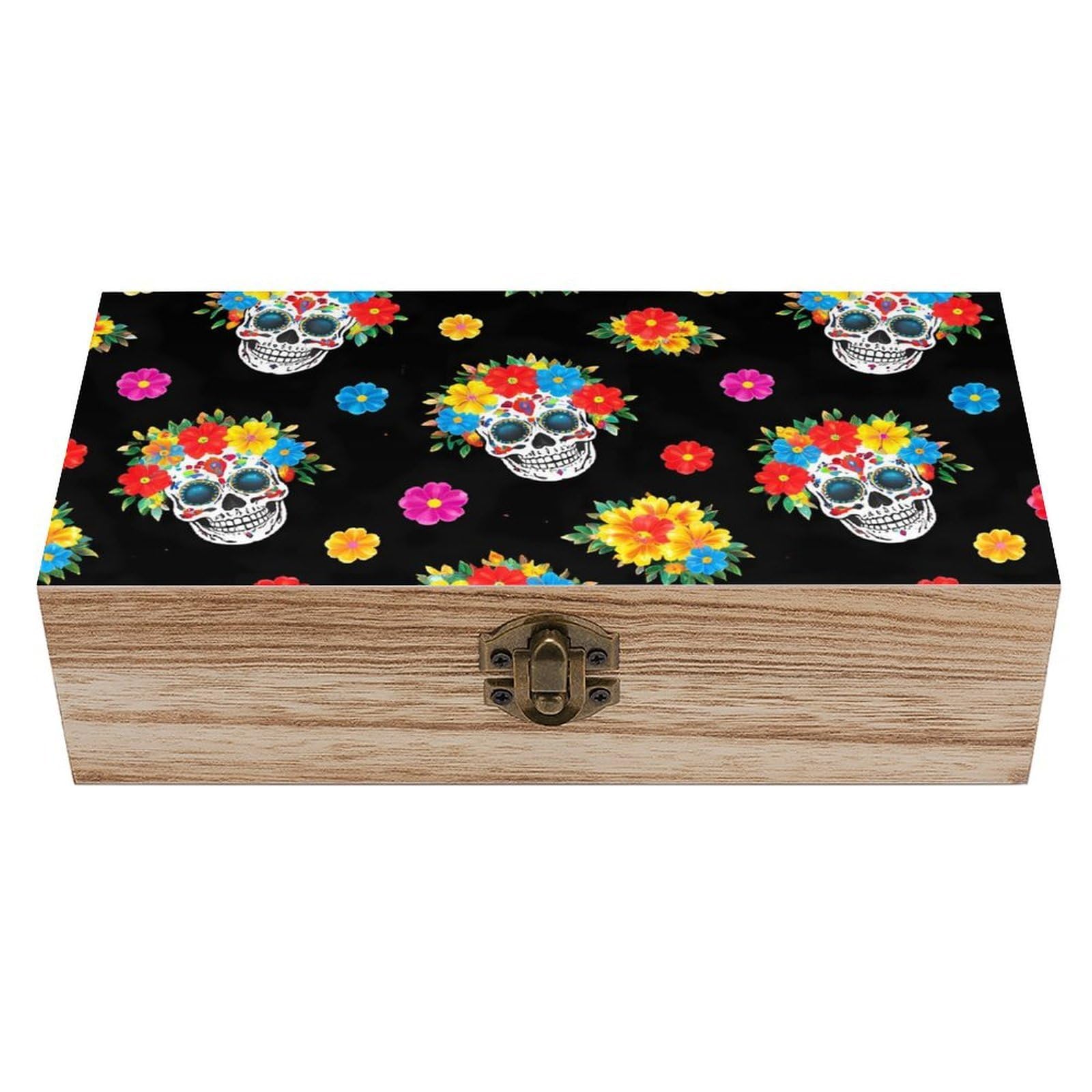 HLBSDM Mexican Skull Skeleton Floral Wooden Storage Box