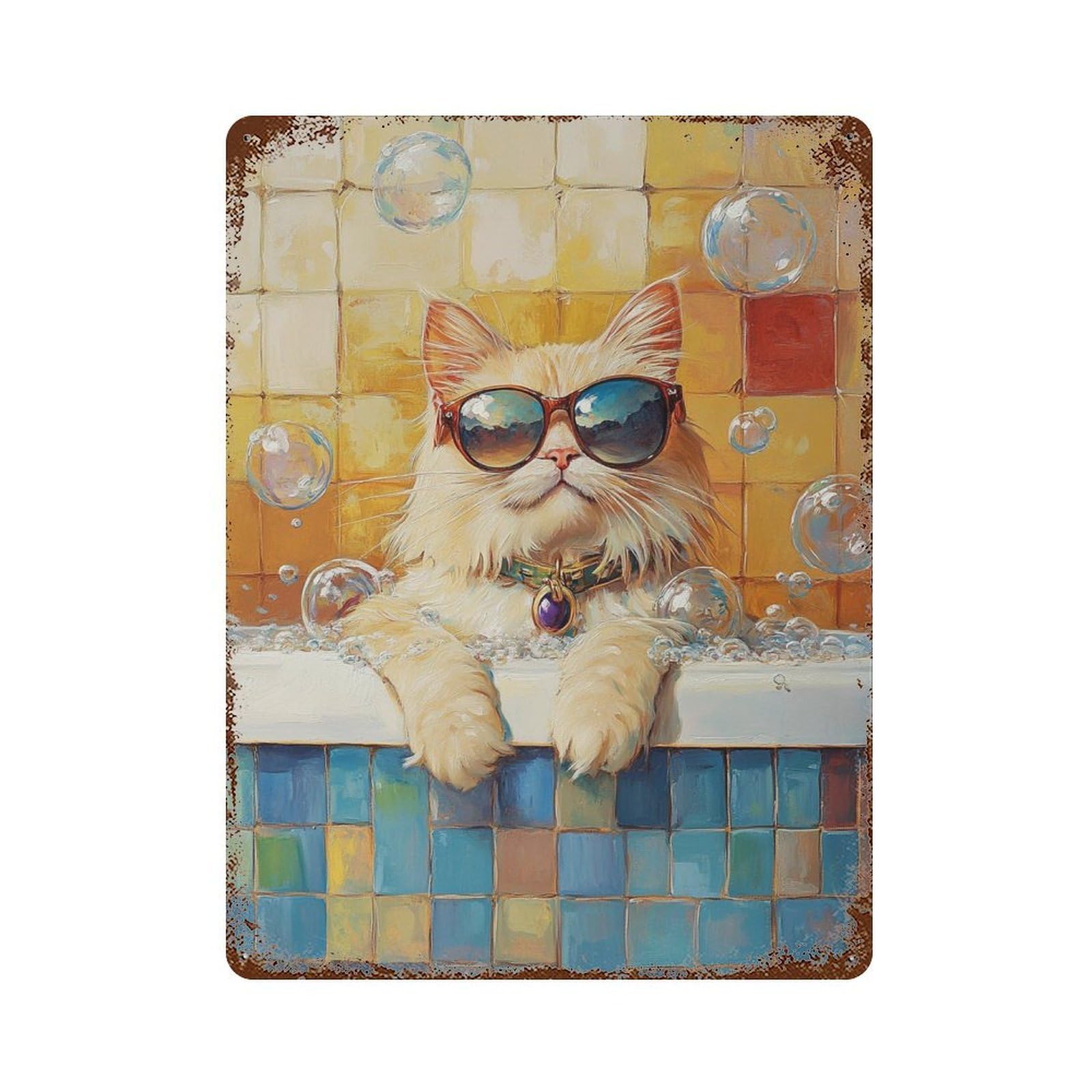 Chill Cat in Sunglasses Bathtub Rust Effect Tin Sign 15.7"x11.8", Retro Wall Decor for Pub, Kitchen And Man Cave Decor