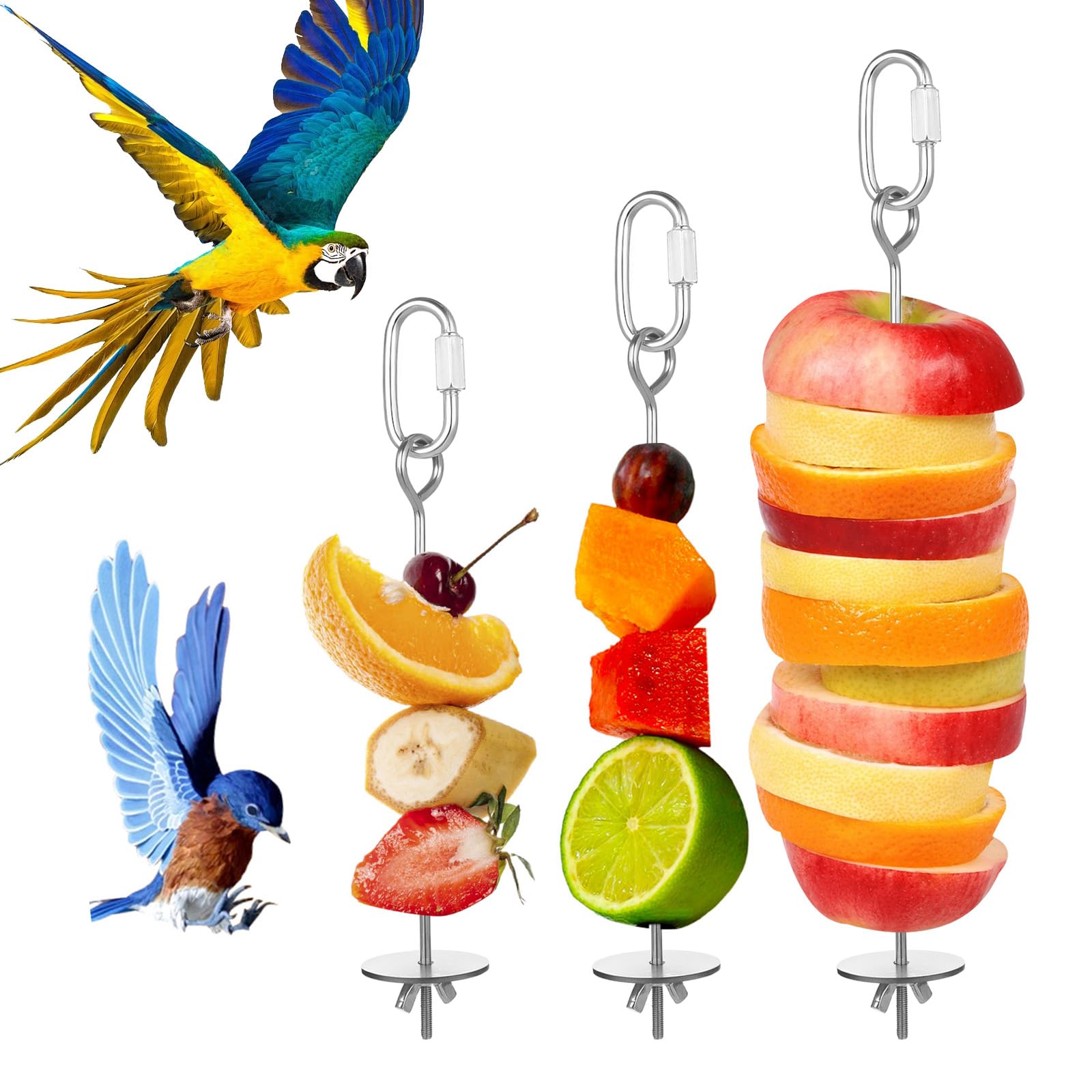 3 Pack Bird Cage Food Holder, Rat Foraging Toys, Stainless Steel Parrot Fruit & Vegetable Skewer Hanging Foraging Toy for Parakeets, Budgies, Macaws