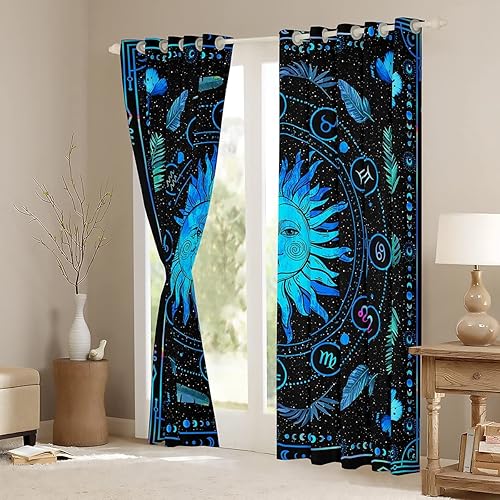 Miniatura 4 de Erosebridal Cortinas opacas de sol y luna con purpurina y estrellas, cortinas y cortinas hippie del zodiaco, 104 pulgadas de ancho x 63 pulgadas de