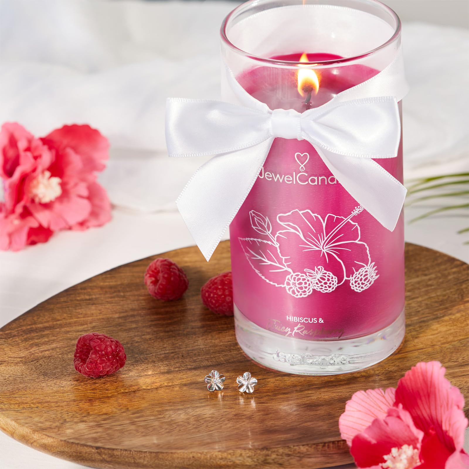 JuwelKerze Hibiscus & Juicy Raspberry orecchini argento – candela gioielli 80 ore – grande candela profumata con profumo fruttato – candela rosa con sorpresa gioielli – regalo per donne, compleanno