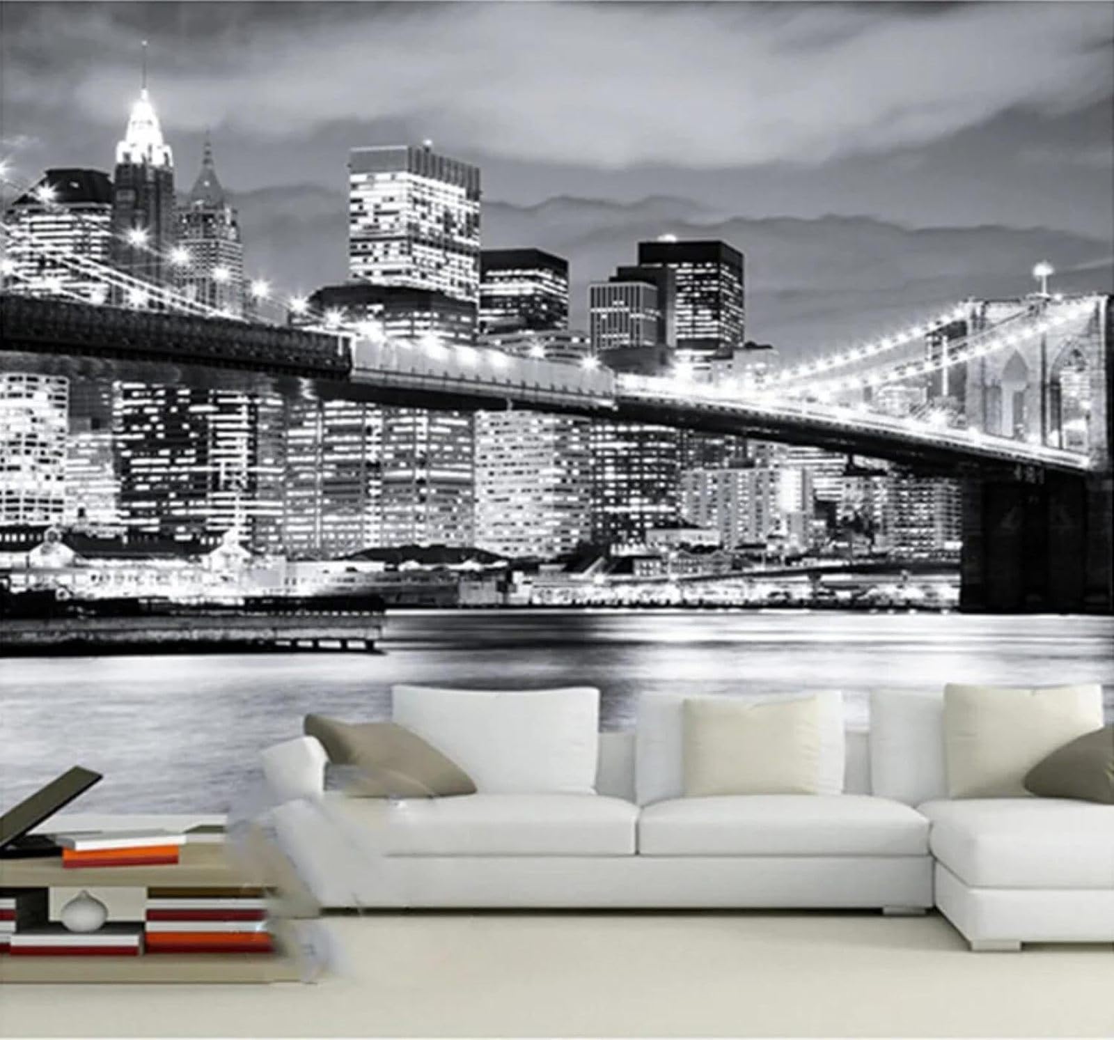 Xlming 400Cm×280Cm(B×H) Three Dimensional Black And White City Architecture Bridges Night View 3D Wallpaper Luxury Home Dining Decor Paste Sofa Living Room The Wall For Bedroom Mural-400Cm×280Cm