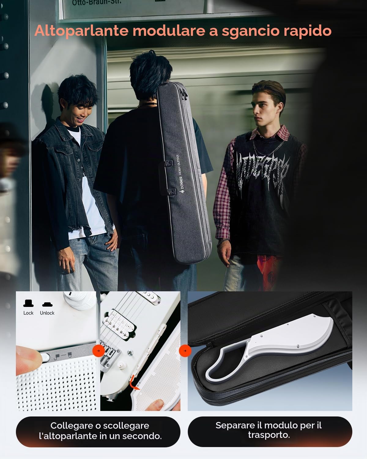 DONNER HUSH X LIVE Chitarra Elettrica con Altoparlante Rimovibile, Chitarra da Viaggio Headless con Modellazione Amp ed Effetti Integrati, Kit per lo Studio con Bluetooth e Gig Bag, Bianco