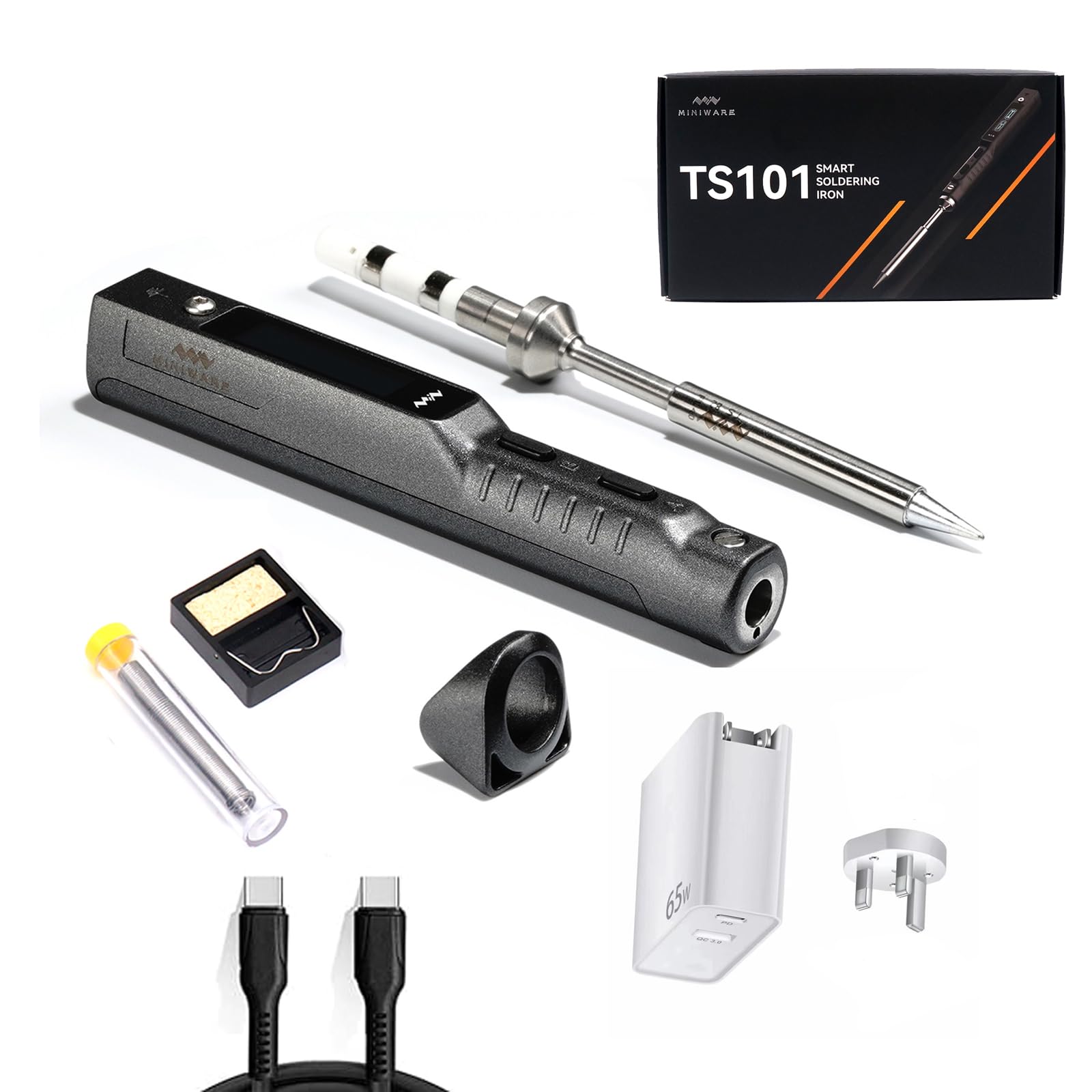 Toolsaving Gray Miniware Ts101 Soldering Iron Power Supply Kit Pd 90W Dc 65W Bc2 Tips Set Original Smart Digital Mini Portable Fast Heating Adjustable Temperature