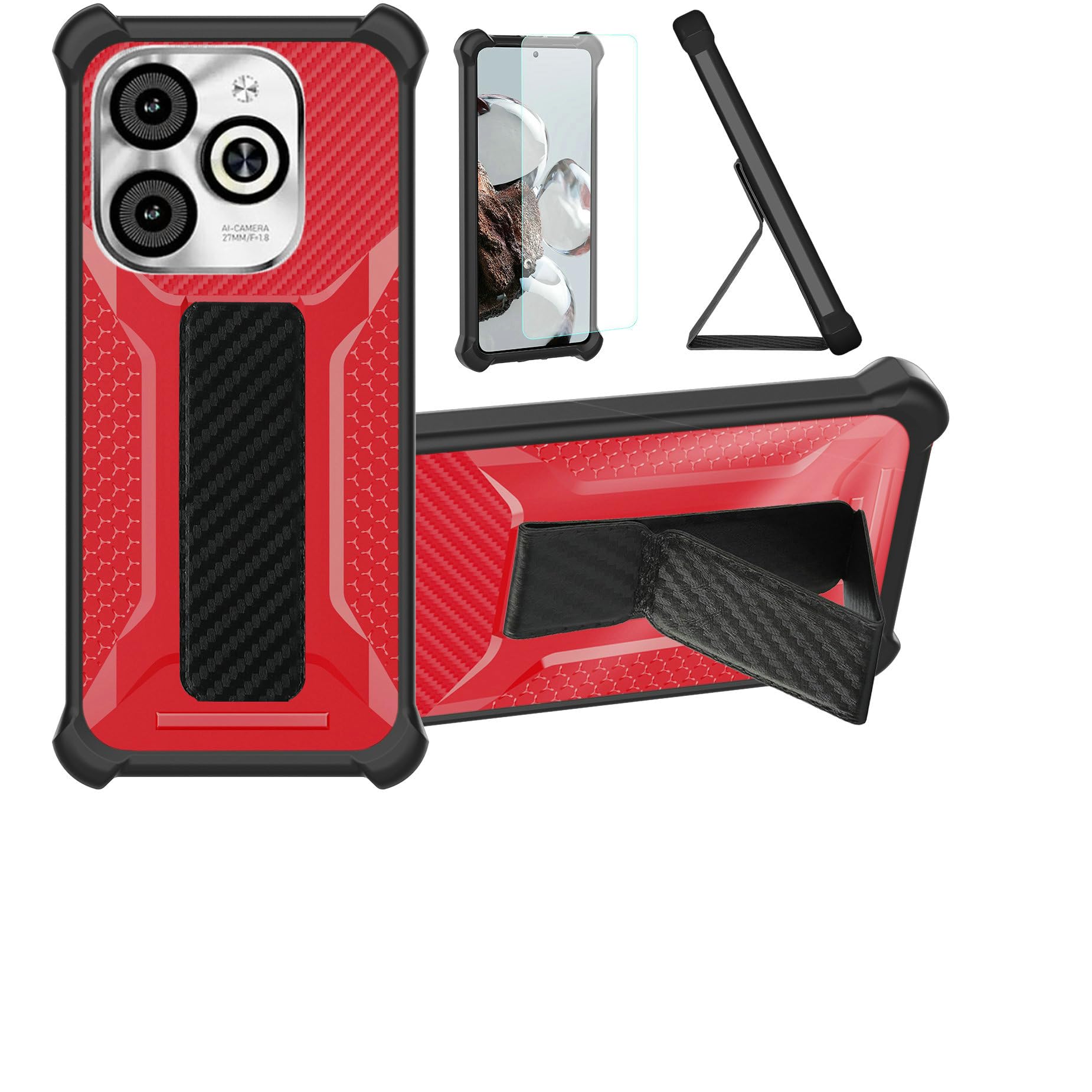 Case for Infinix Smart 8 Hd Phone Case Stand Cover [with Tempered Glass Screen Protector] Hybrid Case [Folding Support Magnetic] [Frosted Anti-Fingerprint] Red