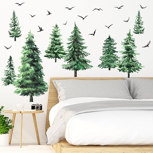 Miniatura 6 de Qilery Calcomanías de pared de pino en acuarela para pared de árbol grande, calcomanías de pared de bosque, ramas de bosque, pájaros y ramas de