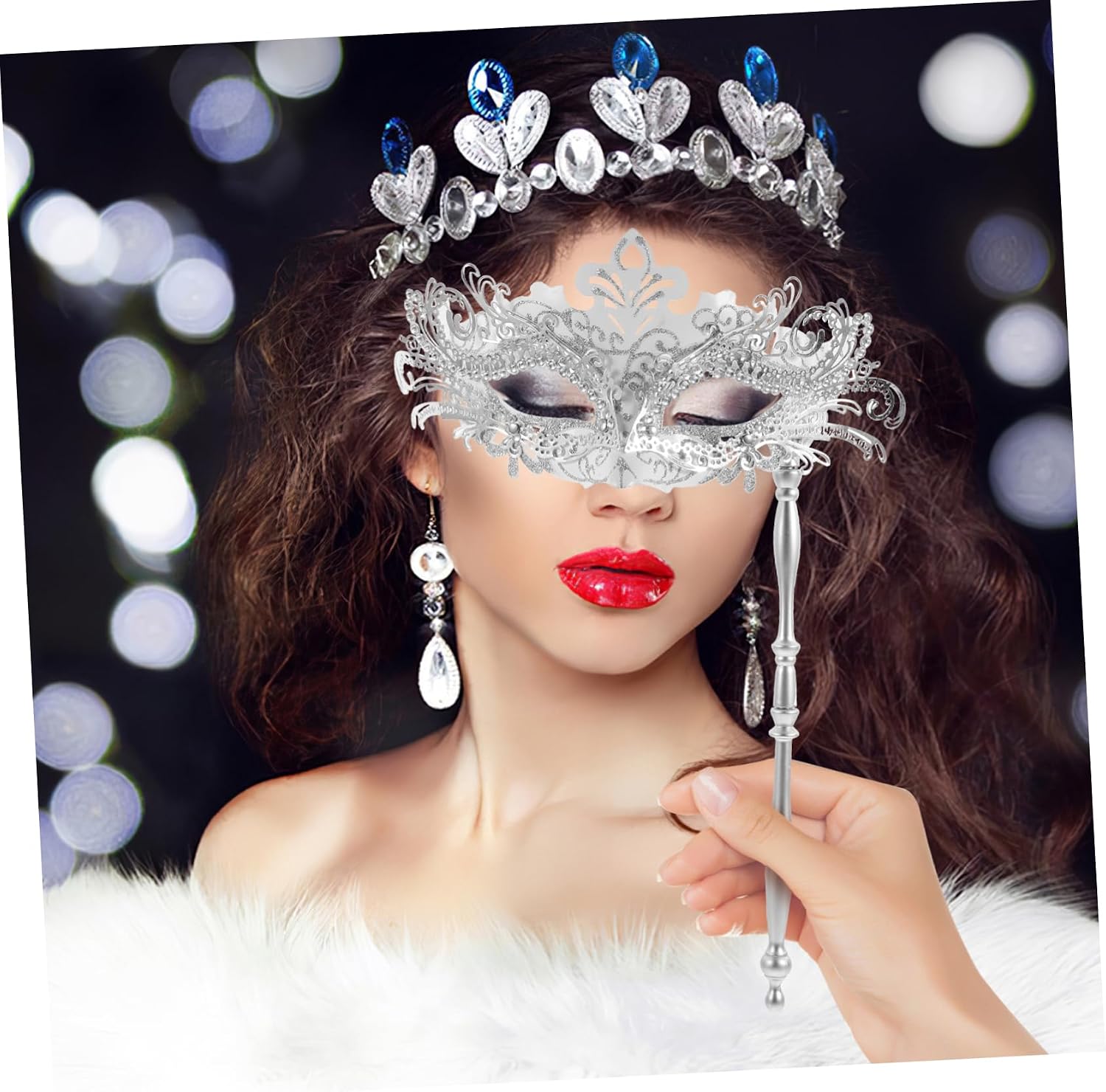 Masquerade Party Handheld with Stick Half Face Design for Adults and Boys and Rhinestone Decoration for Halloween Cosplay and Carnival Events