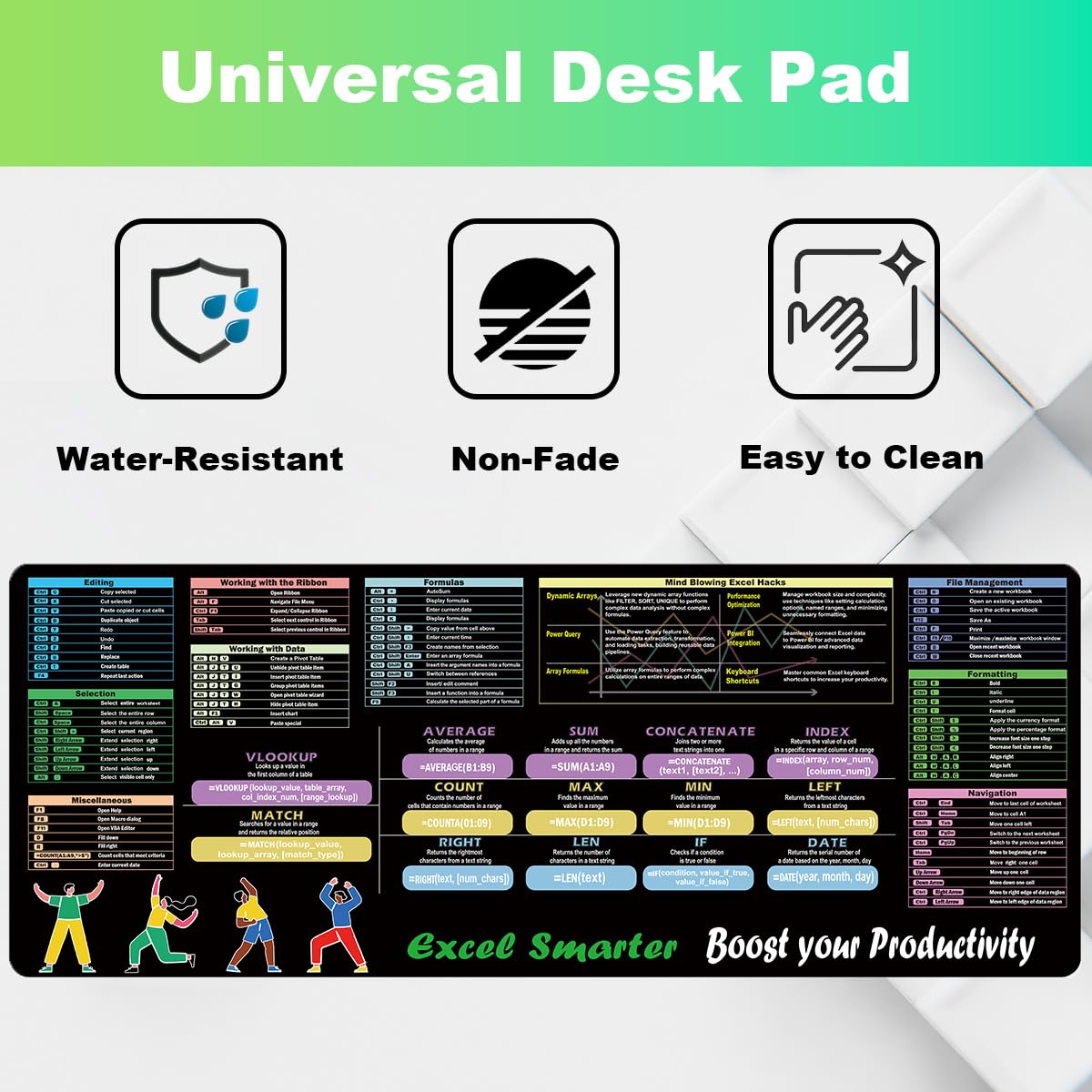 Excel - Alfombrilla de escritorio XL para teclado de oficina, alfombrilla de mouse con bordes cosidos antideslizantes, alfombrilla de escritorio grande extendida para juegos, regalo ideal de
