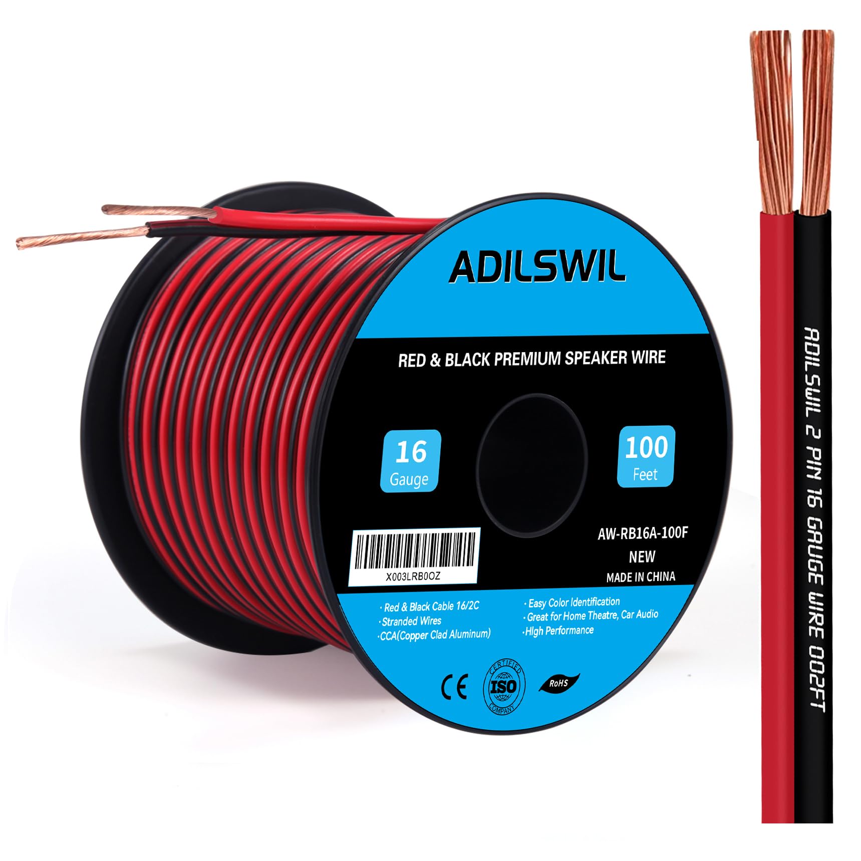 16AWG 100FT Speaker Wire, 2 Conductors Electrical Red Black Cable Hookup LED Lighting Strips Flexible Wire Extension Cord 16 Gauge Copper Clad Aluminum Copper Wire 12V/24V DC Cable