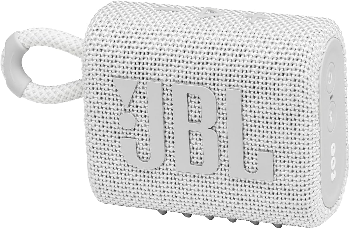 JBL Go 3 - Mini altavoz Bluetooth portátil, gran audio y graves potentes, IP67 resistente al agua y al polvo, 5 horas de reproducción, altavoz para el hogar, el exterior y los viajes (Blanco)