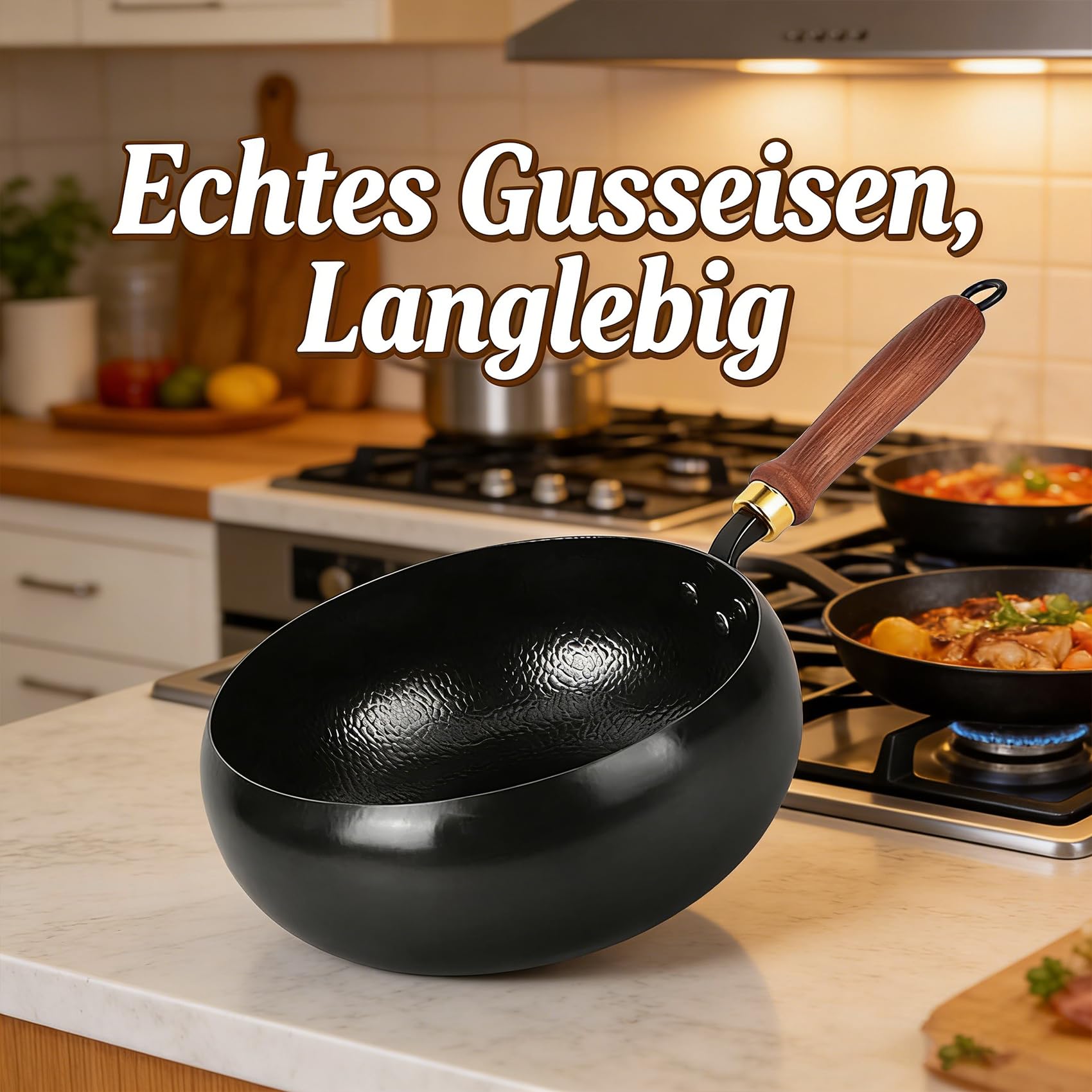 DZ'HUE Tsubame Sanjo Pfanne, Japanische Eisenpfanne, unbeschichtet, dickwandiger Eisentopf, schnell erhitzender Gusseisen-Wok, Holzgriff, geeignet für Gasherd und Induktionskochfeld (24cm)