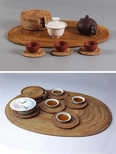 Miniatura 5 de Juego de 2 manteles individuales ovalados de ratán natural hecho a mano de 15.7 x 11.8 pulgadas, aislamiento de ratán, resistente al calor, trípode