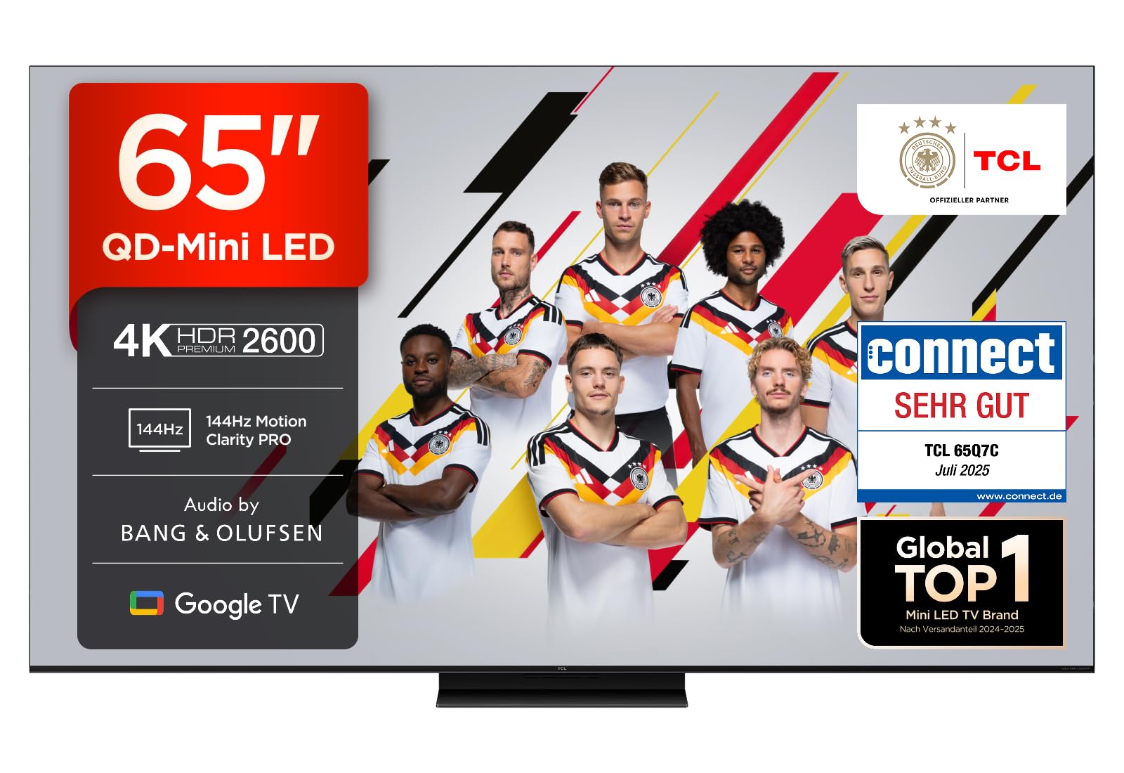 TCL 65Q7C QLED Mini LED Fernseher, 65 Zoll, 4K HDR Premium, Dolby Vision IQ & Atmos, Smart TV mit Google TV, 6.2.2 Sound, 144Hz VRR, AMD FreeSync Premium Pro, HDMI 2.1, AirPlay 2